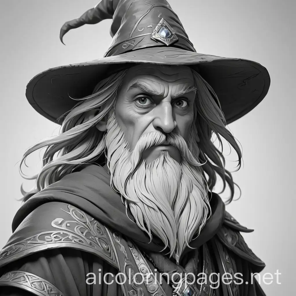 a terrible wizard with a turkish style attire, Coloring Page, black and white, line art, white background, Simplicity, Ample White Space