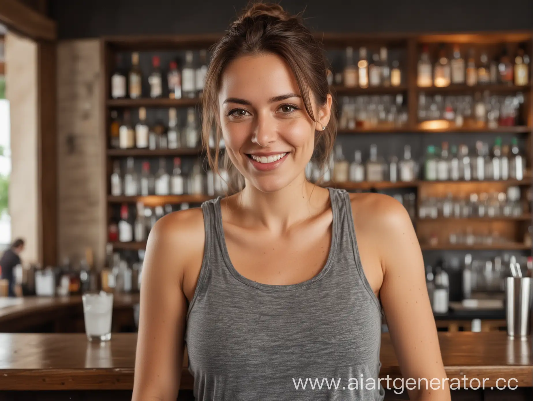 Happy-Woman-at-Bar-Counter-in-Tank-Top