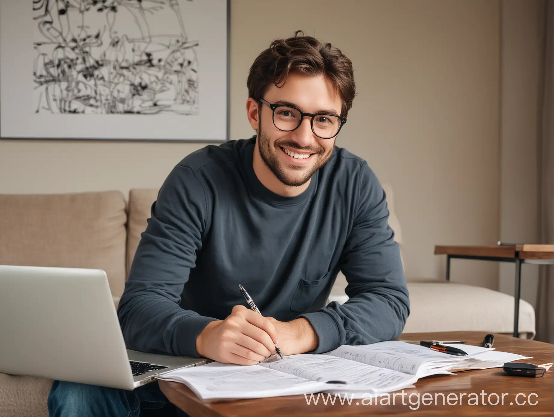 Productive-Home-Office-Setup-Smiling-Man-in-Glasses-Working-on-Laptop-in-Spacious-Apartment