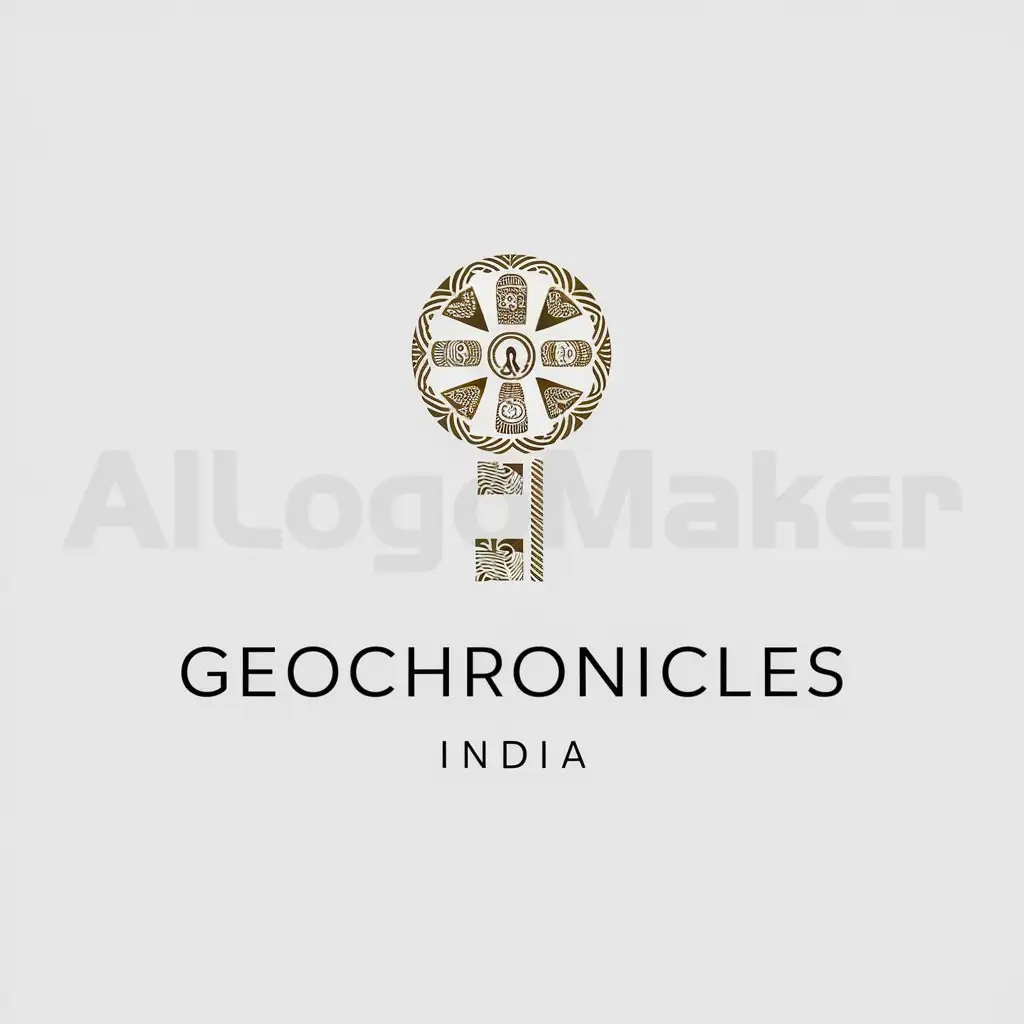 a logo design,with the text "geochronicles india", main symbol:A key-shaped design with intricate patterns and symbols representing knowledge, unlocking the mysteries of history, politics, and geography.,Minimalistic,clear background
