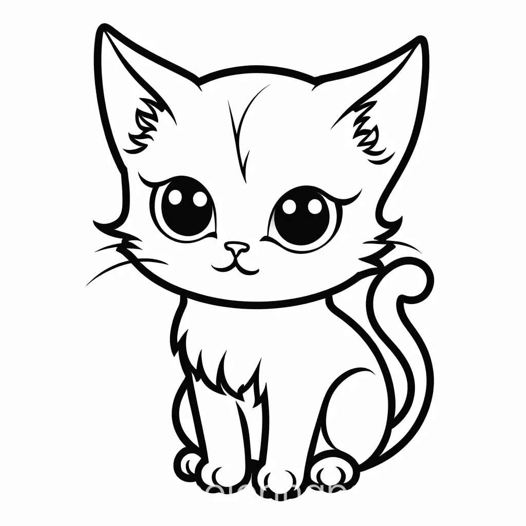 A small, round-faced kitten with big, expressive eyes., Coloring Page, black and white, line art, white background, Simplicity, Ample White Space. The background of the coloring page is plain white to make it easy for young children to color within the lines. The outlines of all the subjects are easy to distinguish, making it simple for kids to color without too much difficulty