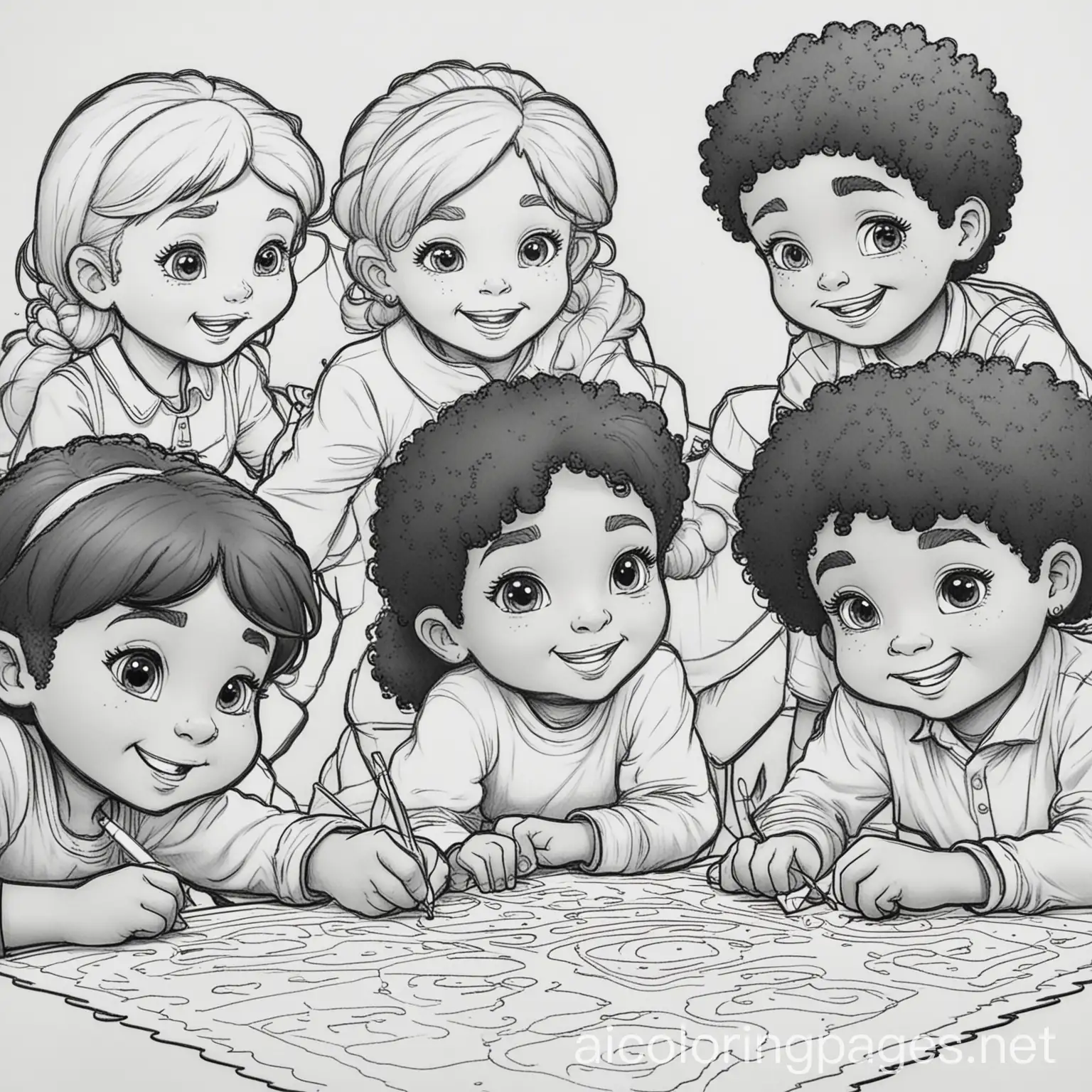 group of kids of all backgrounds and race playing , Coloring Page, black and white, line art, white background, Simplicity, Ample White Space. The background of the coloring page is plain white to make it easy for young children to color within the lines. The outlines of all the subjects are easy to distinguish, making it simple for kids to color without too much difficulty