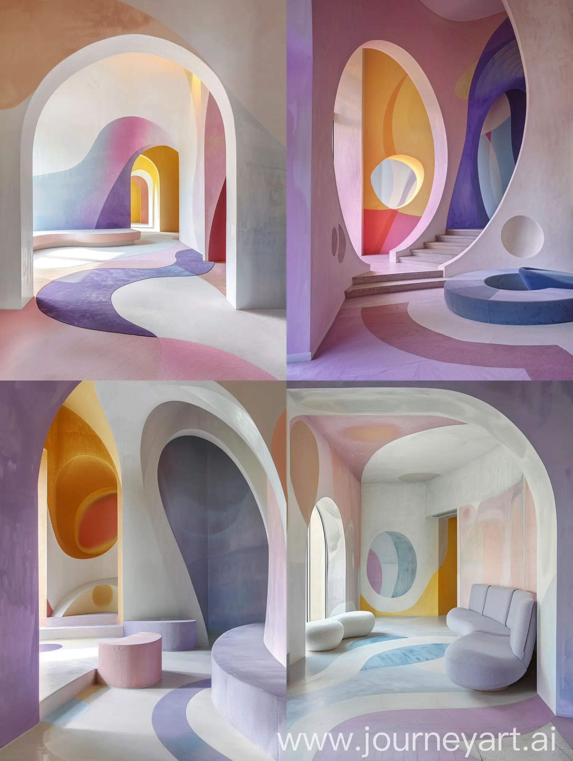 /imagine A meditation room designed in the style of abstractionism and paintings by Hilma af Klint, featuring a color palette of white, lilac, blue, pink, and yellow. The room has smooth lines and curved surfaces throughout. One wall is replaced by a semi-circular panoramic floor-to-ceiling window. The design is innovative and out of the box, creating a serene and inspiring environment.
