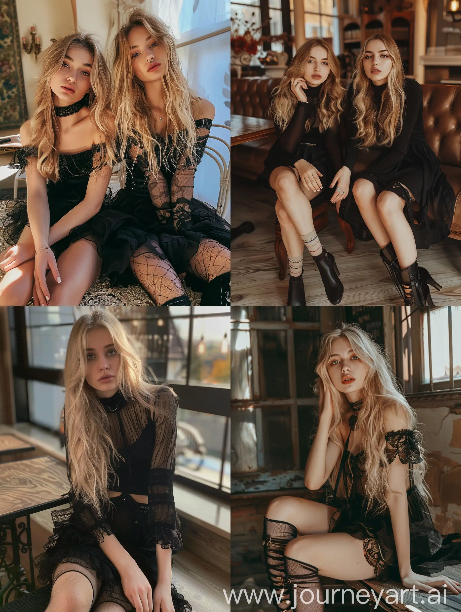 2 Ukrainians girls, long blond hair , 22 years old, influencer, beauty , black dress ,   , makeup, floor view, sitting on table , socks and boots, no effect, selfie , iphone selfie, no filters , iphone photo natural