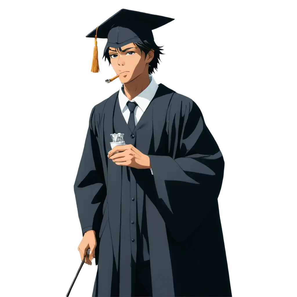 anime guy  his black convocation dress  smoking a joint