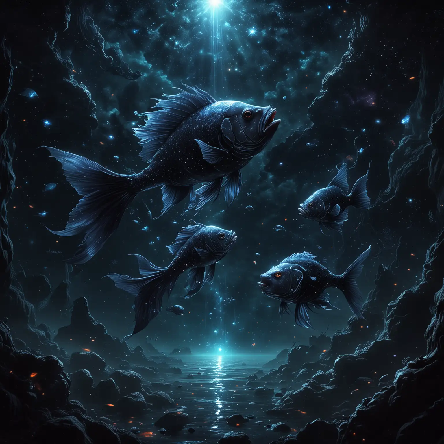 fantasy fishes darkness stars universe