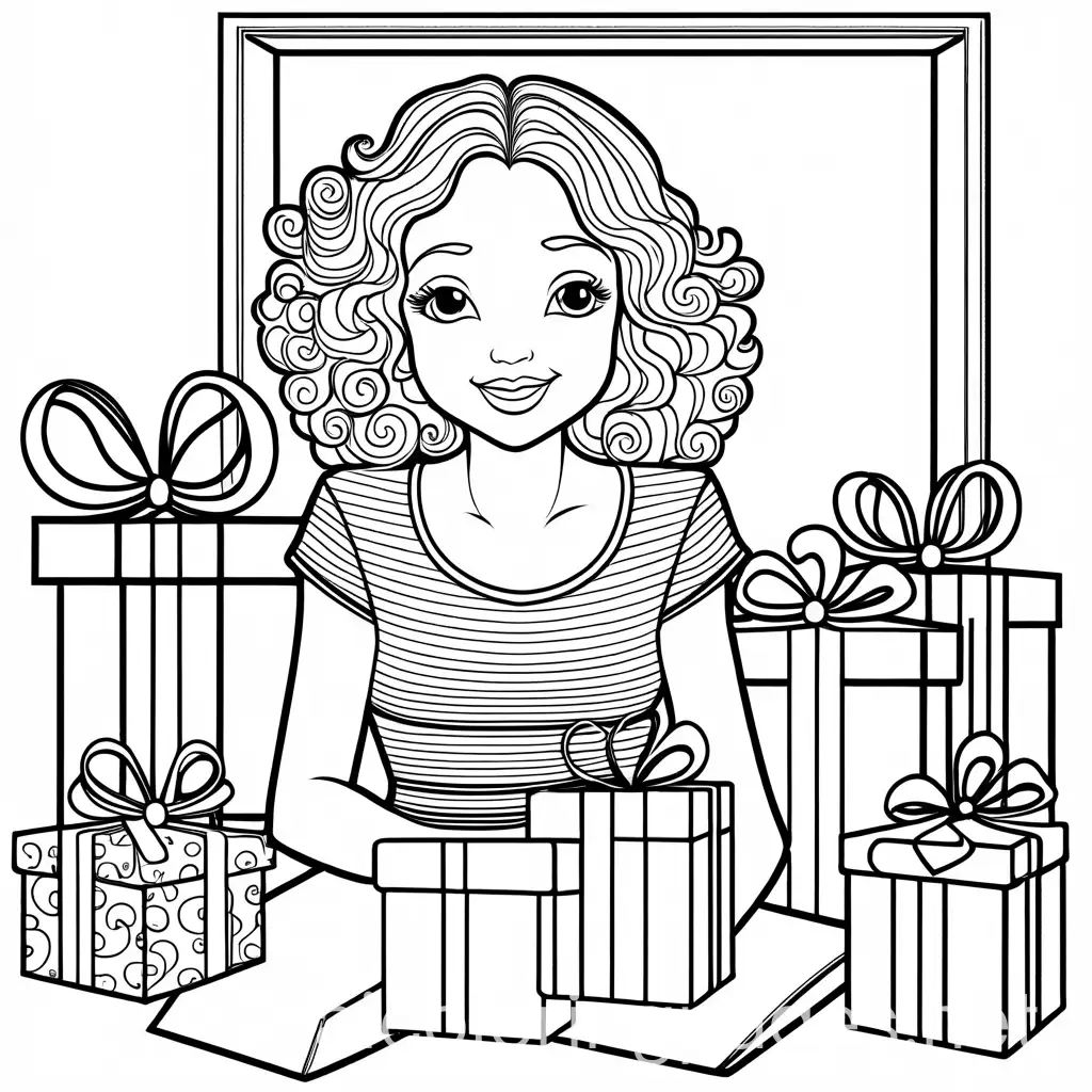 40 year old woman opening presents for her birthday. She has shoulder length curly hair and is wearing a striped dress, Coloring Page, black and white, line art, white background, Simplicity, Ample White Space. The background of the coloring page is plain white to make it easy for young children to color within the lines. The outlines of all the subjects are easy to distinguish, making it simple for kids to color without too much difficulty