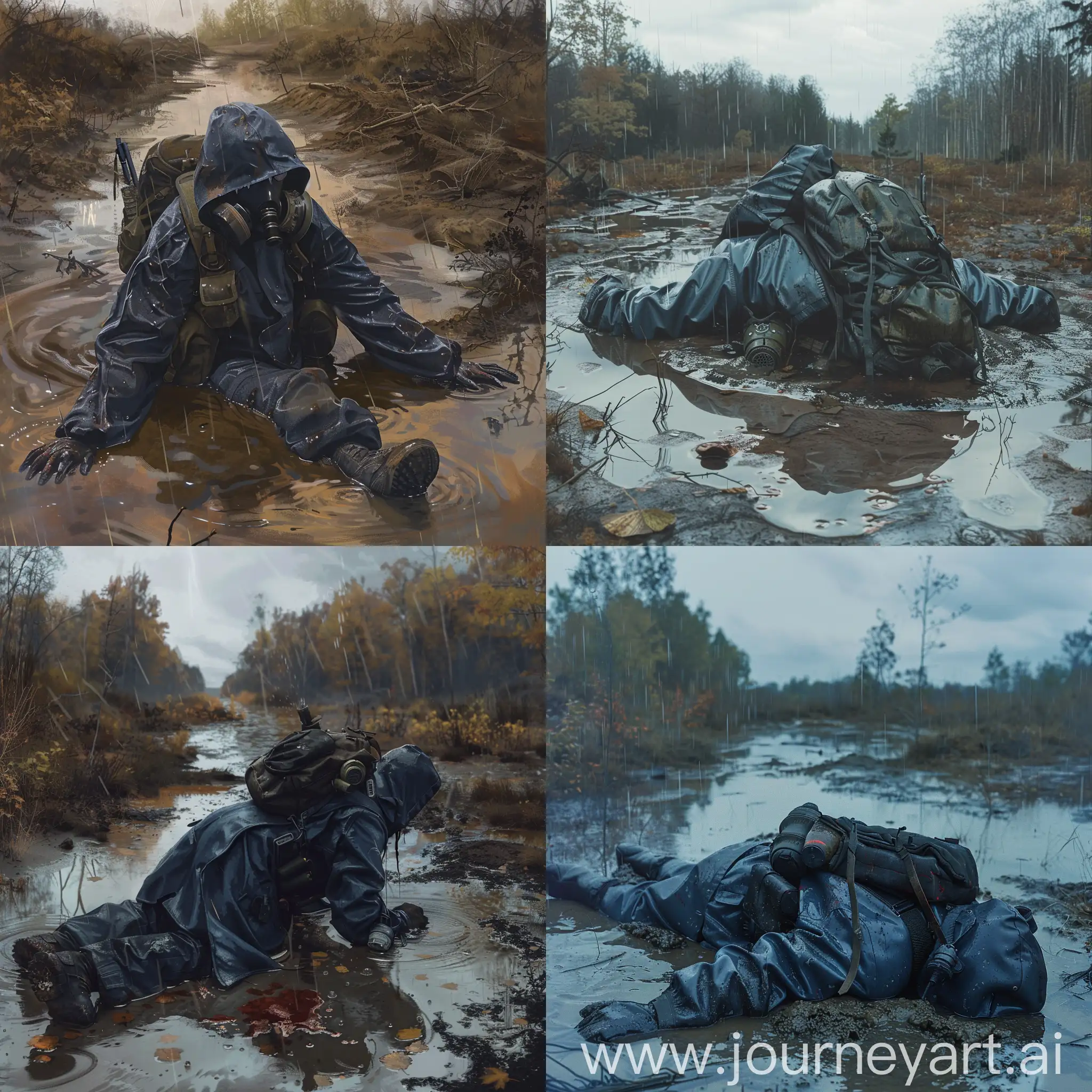 The STALKER universe, a mercenary in a dark blue military raincoat, in military unloading, with a backpack on his back, a gas mask on the mercenary's face, a mercenary lies in a dirty large puddle in the middle of a radioactive swamp, his slightly bloody corpse breathlessly peers into the sky, radioactive rain drips on the mercenary, the weather is gloomy autumn.