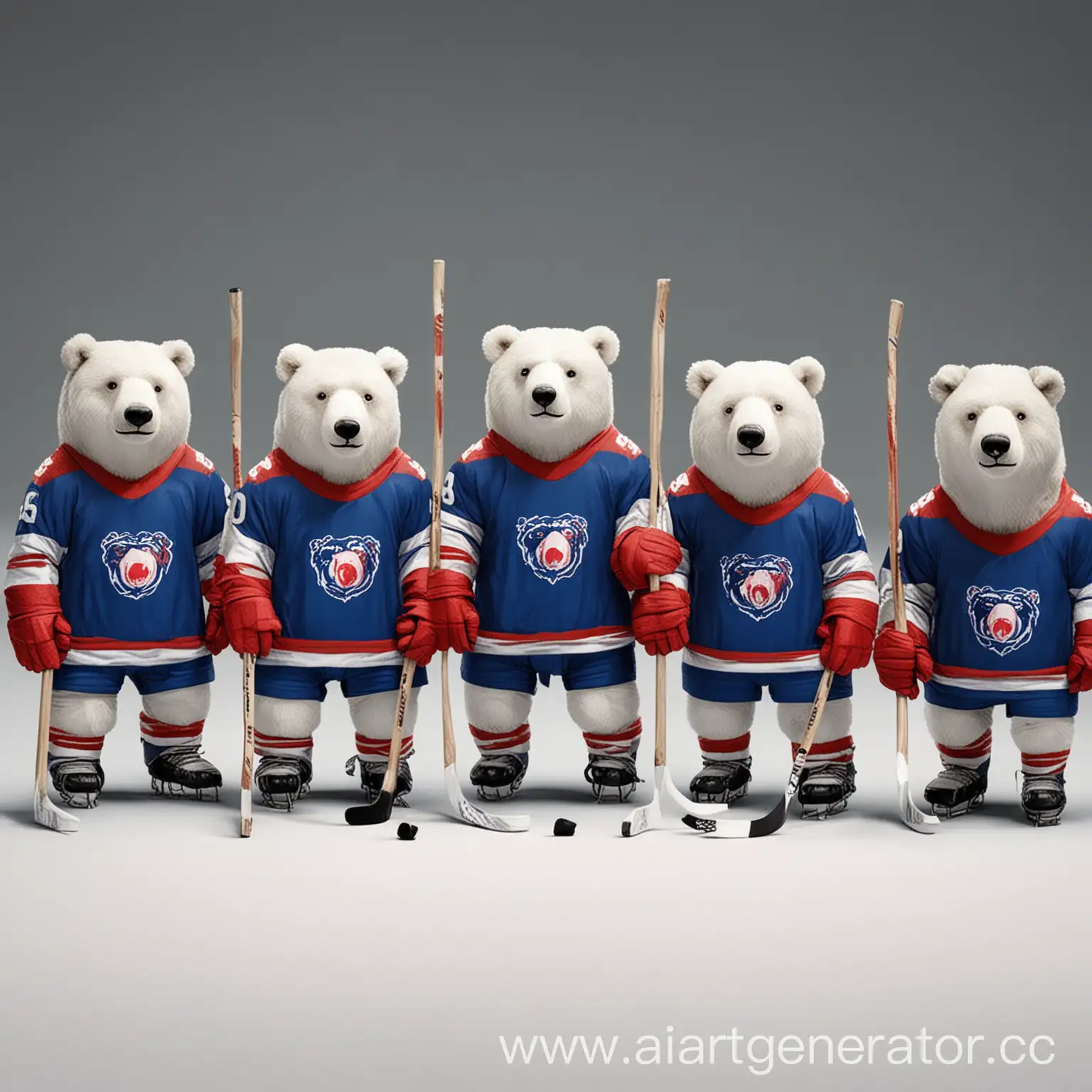 десять белых медведей в минималистичном стиле в бело-сине-красной хоккейной форме с клюшками грозно смотрят