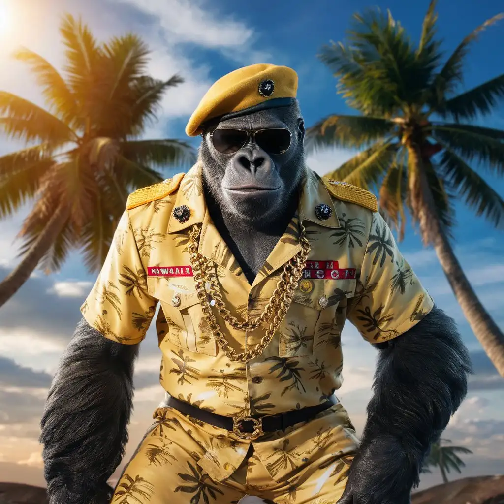 Gorilla is wearing yellow Hawaiian pattern  military clothes with ornaments and gold chains.
He also wears a yellow beret and dark sunglasses.
He is standing with palm trees behind him., blue sky/sunny. selvatic pov view.