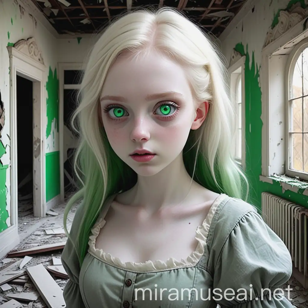 Cute Girl with Green Eyes in Abandoned Mansion