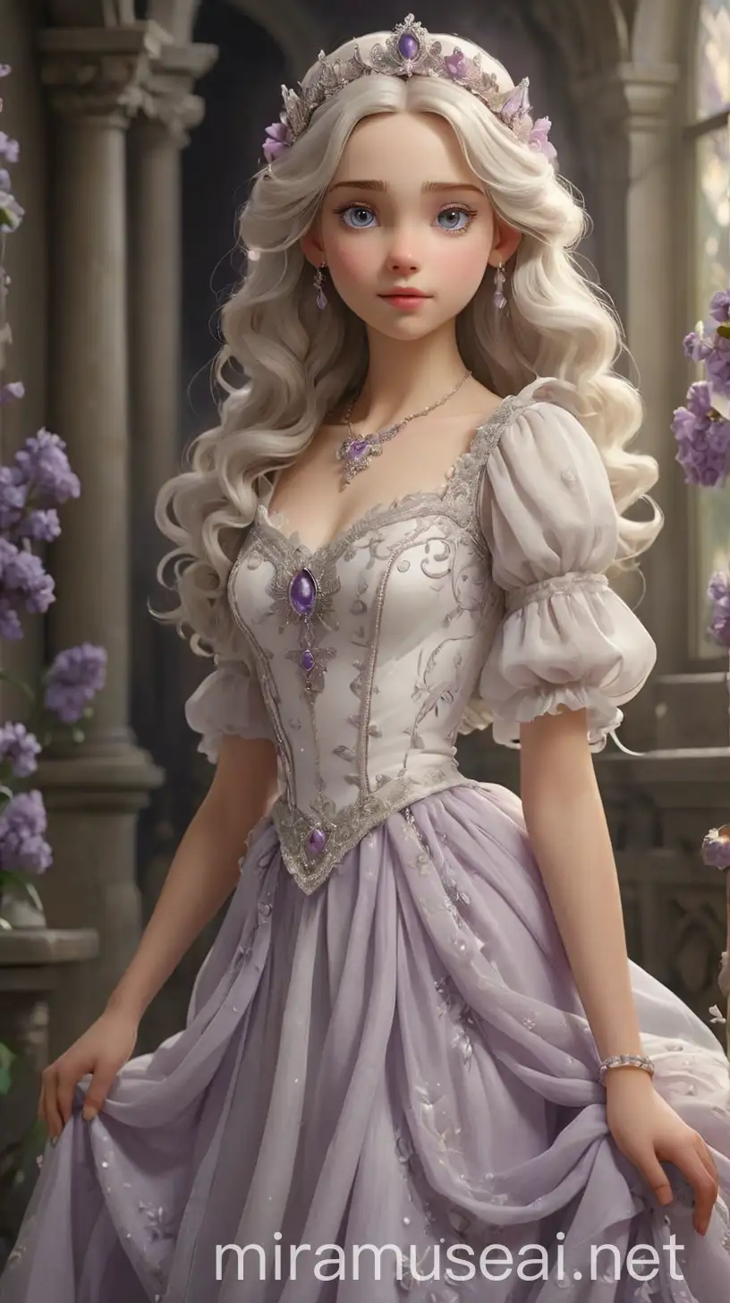 An ethereal and elegant young woman with a regal bearing inherited from her mother, the White Queen. She has a slender yet graceful figure, with porcelain skin that glows with an otherworldly radiance. The Girl's hair is a lustrous shade of white, cascading down her back in loose curls that shimmer like snowflakes in the sunlight. Her eyes are a mesmerizing lilac, sparkling with wisdom and magic, reflecting her mystical heritage. Her outfit embodies a fusion of 2020s Wonderland, cottagecore, and princesscore aesthetics, reflecting her whimsical nature and royal lineage. She wears a flowing gown in shades of white and lilac, crafted from delicate fabrics that seem to float around her like a cloud. The gown is adorned with intricate lace and embroidery, adding a touch of ethereal beauty to her ensemble. The bodice of the gown is fitted and adorned with shimmering sequins and beads, accentuating The Girl's slender waist and adding a hint of sparkle to her look. The skirt is full and voluminous, with layers of tulle and chiffon that billow around her like a fairy tale princess. The Girl accessorizes with a crown crafted from silver and adorned with sparkling crystals and pearls, symbolizing her royal status and magical heritage. She wears delicate silver jewelry, including earrings and bracelets adorned with intricate filigree designs and lilac gemstones, adding to the elegance of her ensemble. On her feet, she wears silver ballet flats adorned with lilac ribbons, ensuring both style and comfort for her royal duties and whimsical adventures. The Girl's makeup is soft and natural, with a hint of lilac eyeshadow, rosy cheeks, and glossy lips, accentuating her features and enhancing her ethereal beauty. Overall, The Girl exudes an aura of grace and enchantment, blending elements of fantasy, romance, and royalty in her captivating fashion choices. 