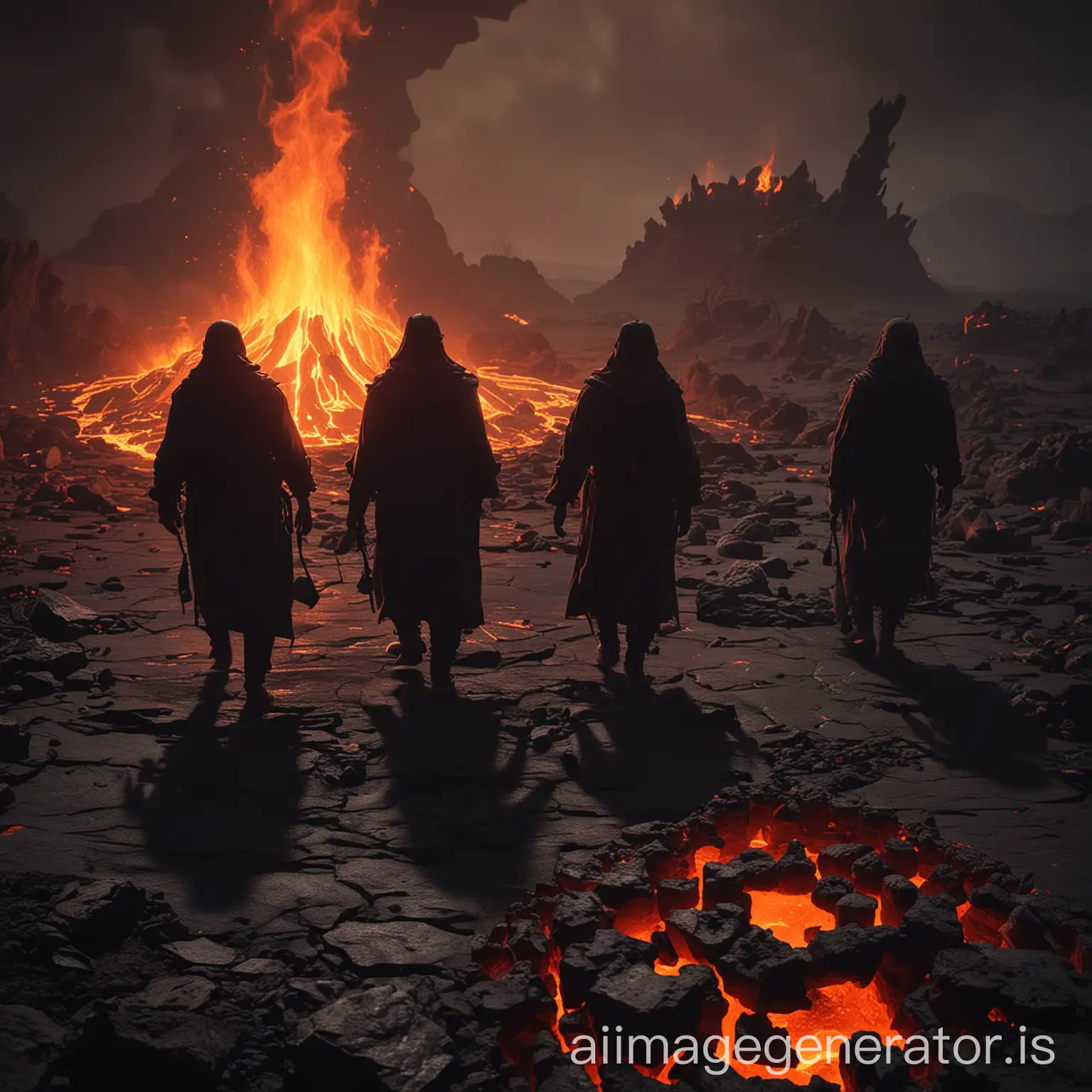 4 shadows  walking through the tartar surrounded by fire and lava