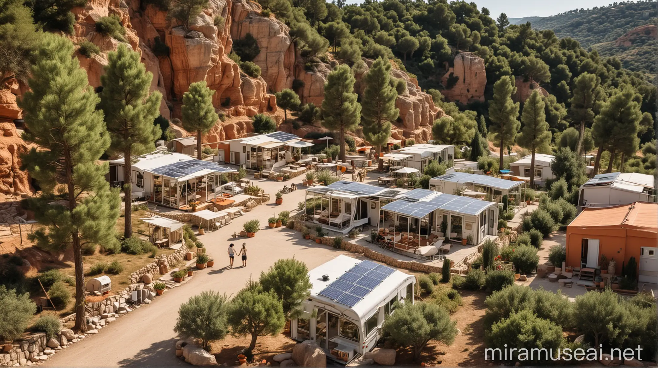 Visualize a camping site that's eco-friendly, set in a Mediterranean area. It has rocky ground with lots of green plants around. There are motorhomes and bungalows with white walls and terracotta roofs, and they all have solar panels. The bungalows are placed in a random pattern and are near tall pine trees that give lots of shade. In the middle of the site, there's a big coworking space made of glass walls and a terracotta roof, also with solar panels. This coworking area helps people mingle and relax. The paths in the camping site curve naturally, they aren't straight, and are edged with pebbles and wild herbs. There are also olive, cypress, and pine trees around that make the place cool and quiet. This place mixes a modern work style with a simple, eco-friendly way of living in a Mediterranean look.