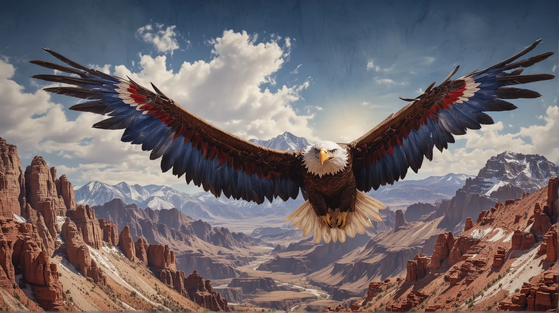 red white and blue wide open distressed eagle wings on a ultrarealistic background of Utah mountains