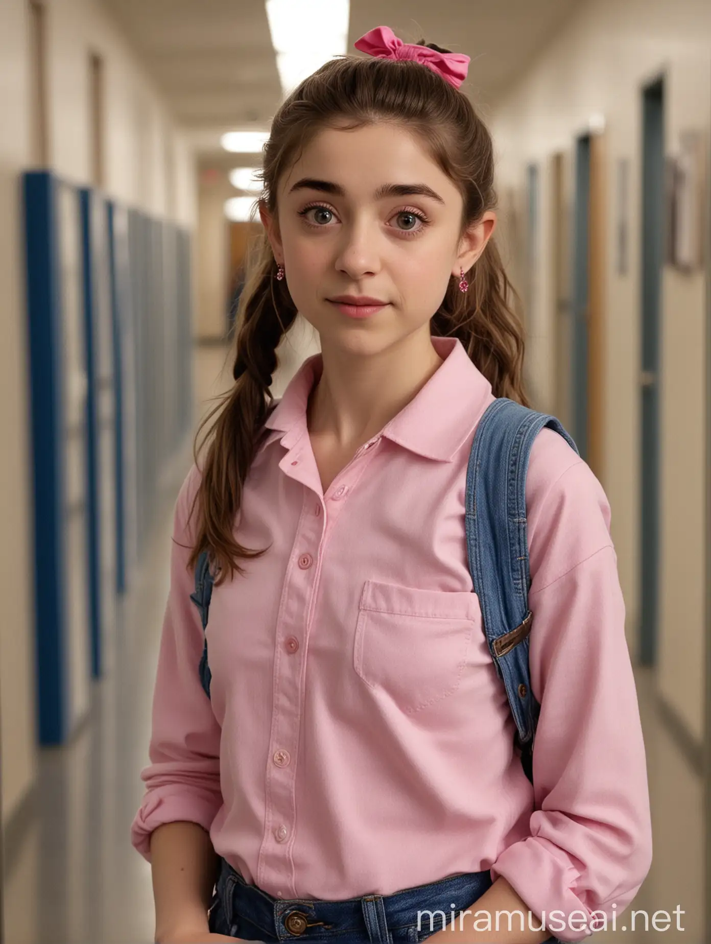 University Student Natalia Dyer with Pink Scrunchie and Textbooks
