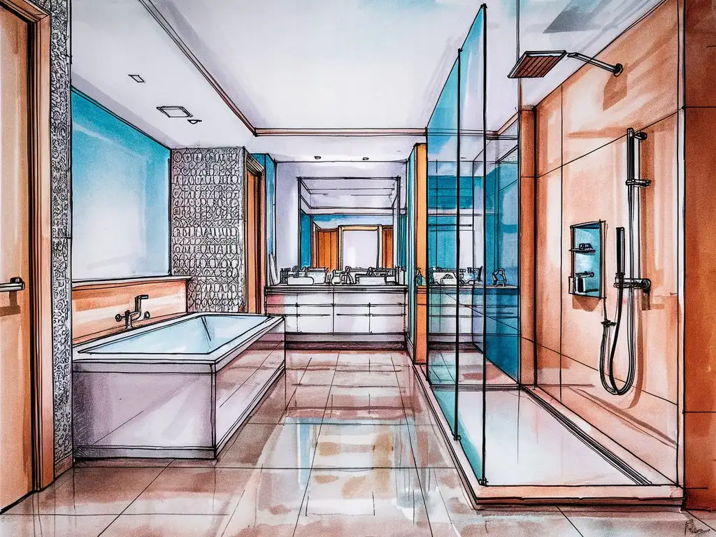 Spacious-Bathtub-and-Shower-Cabin-in-Colorful-Sketch