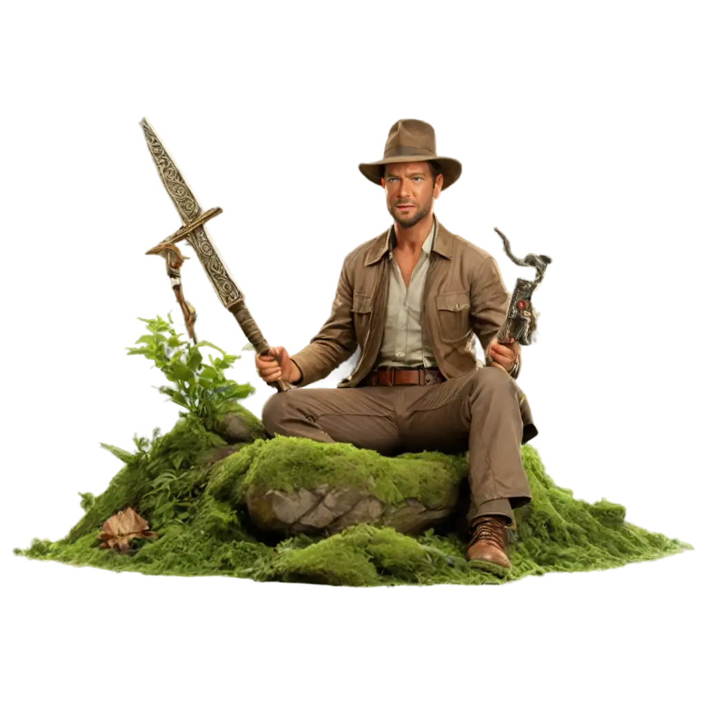 Create an image depicting Indiana Jones sitting in a moss-covered glade deep in the forest. The sun is setting, casting its last rays through the dense treetops. Indiana Jones looks tired, his clothes stained with dirt and dust. In his hands is a knife with which he is carefully carving an animal figurine from a piece of wood. His movements are confident and precise, as if he is creating a work of art. Express in the image the serenity and tranquility that Indiana Jones experiences, enjoying the process of creating something new in the quiet of the forest.

