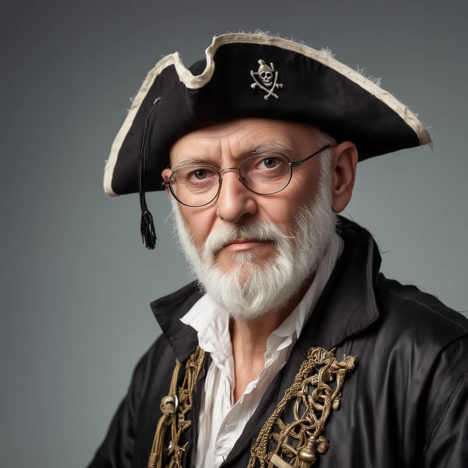 un homme de 58 ans, petites lunettes, petite barbe blanche fine, dégarni, il est habillé en pirate, photographie, réaliste