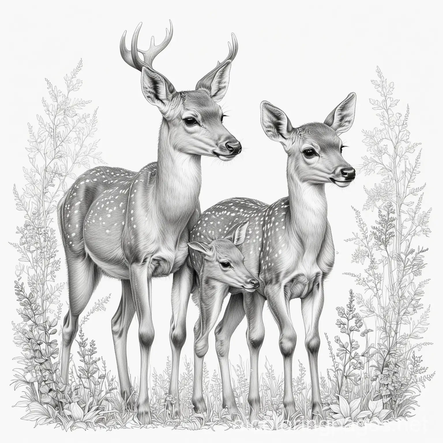 deer mother and fawn, Coloring Page, black and white, line art, white background, Simplicity, Ample White Space. The background of the coloring page is plain white to make it easy for young children to color within the lines. The outlines of all the subjects are easy to distinguish, making it simple for kids to color without too much difficulty