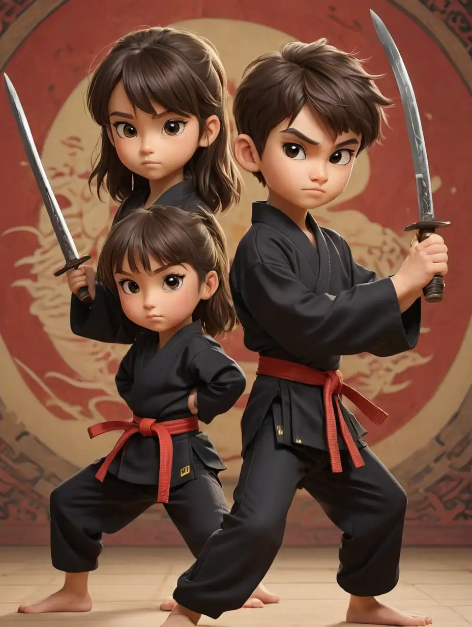 Two cute karate kids, boy and girl, black uniforms, holding swords, oriental background