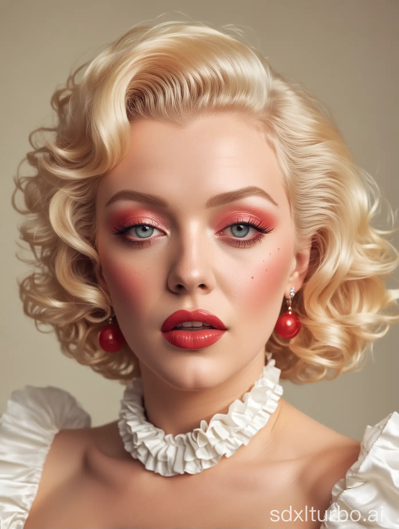 Marilyn Monroe，huge breast, ((full body))，coral pink blush under the eyes, "Midjourney" fashion design, couture clown, luxe, smooth dewy makeup, lipstick,, rouge, pale skin, silky curls, hair platinum blonde, Elizabethan collar, red and white