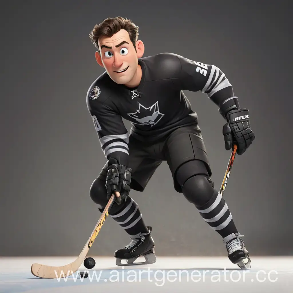Cartoon-Man-Playing-Hockey-in-Black-Uniform