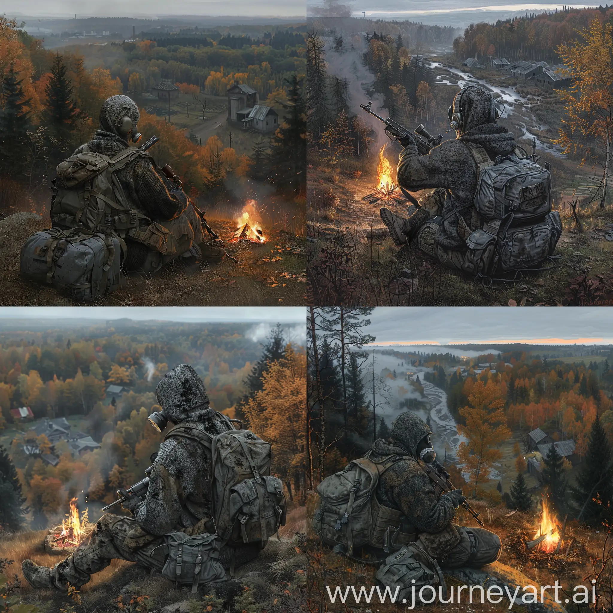 Stalker art,  stalker are sitting on a hill by a campfire, stalker is wearing a old soviet dark gray dirty sweater, military unloading is worn over the sweater, a gasmask on his face, he has a rifle in his hands, a small gray backpack on his back, the weather is gloomy autumn, from the hill, where the stalker are sitting, there is a view of the forest and an abandoned Soviet village standing in the distance.