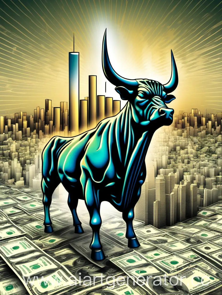 Bull-Symbol-atop-Dollar-Candlestick-Chart-in-Modern-Megapolis