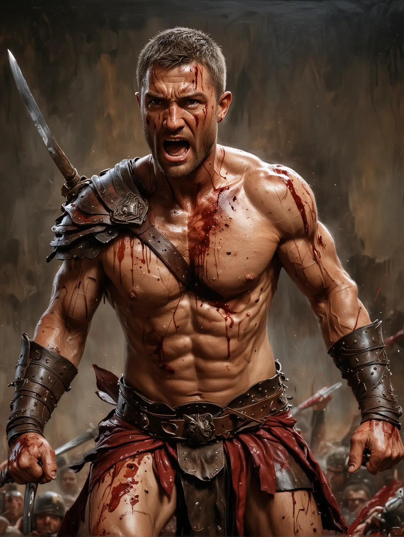 A realistic 3D oil painting of Spartacus in battle in full combat position with blood on his body