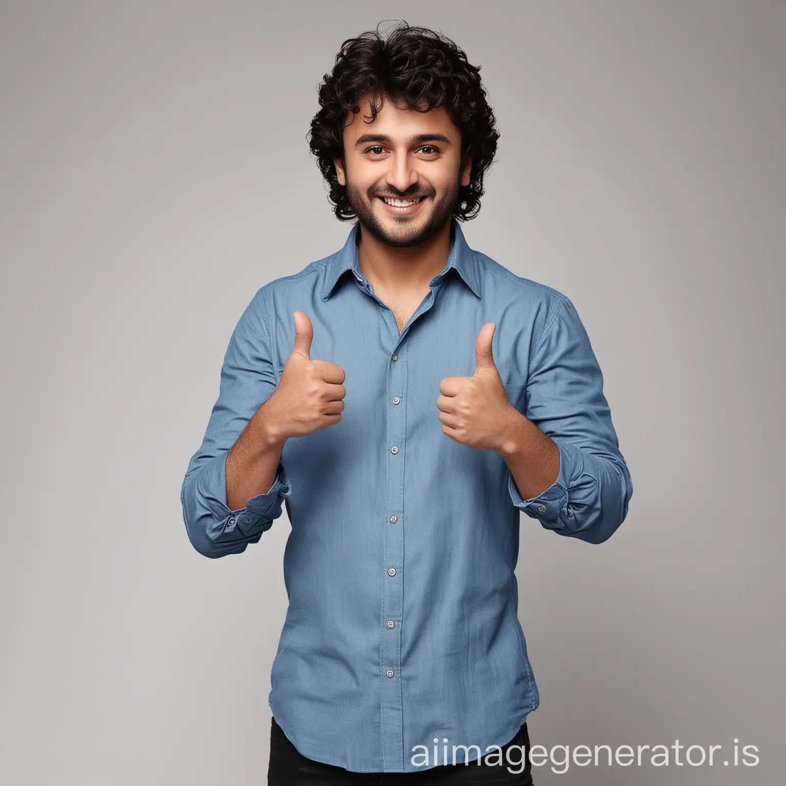 white backdrop Shane Nigam showing this is the best offer wearing formal costume blue shirt won smile thumbs up black shoe