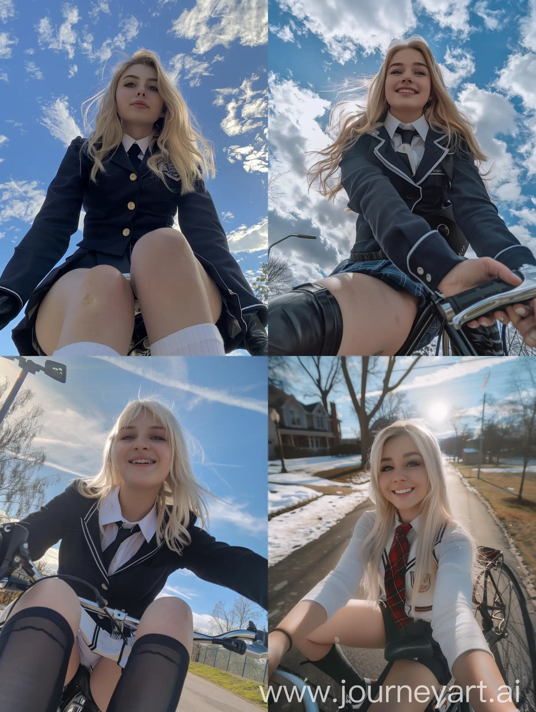 Young-Woman-in-School-Uniform-Riding-Bicycle-Selfie