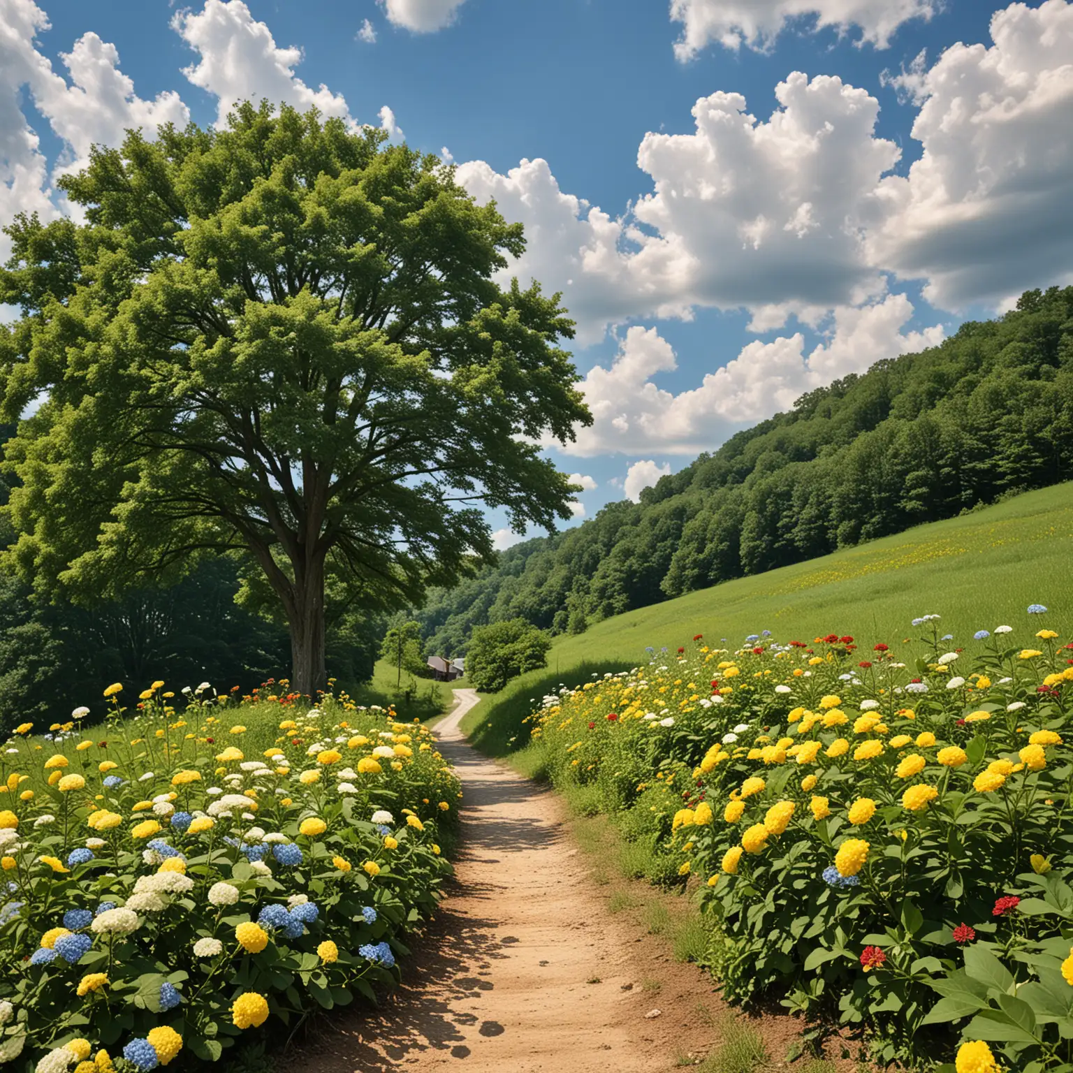 Scenic Dirt Road in Eastern Kentucky Appalachians with Wildflowers and Blue Sky