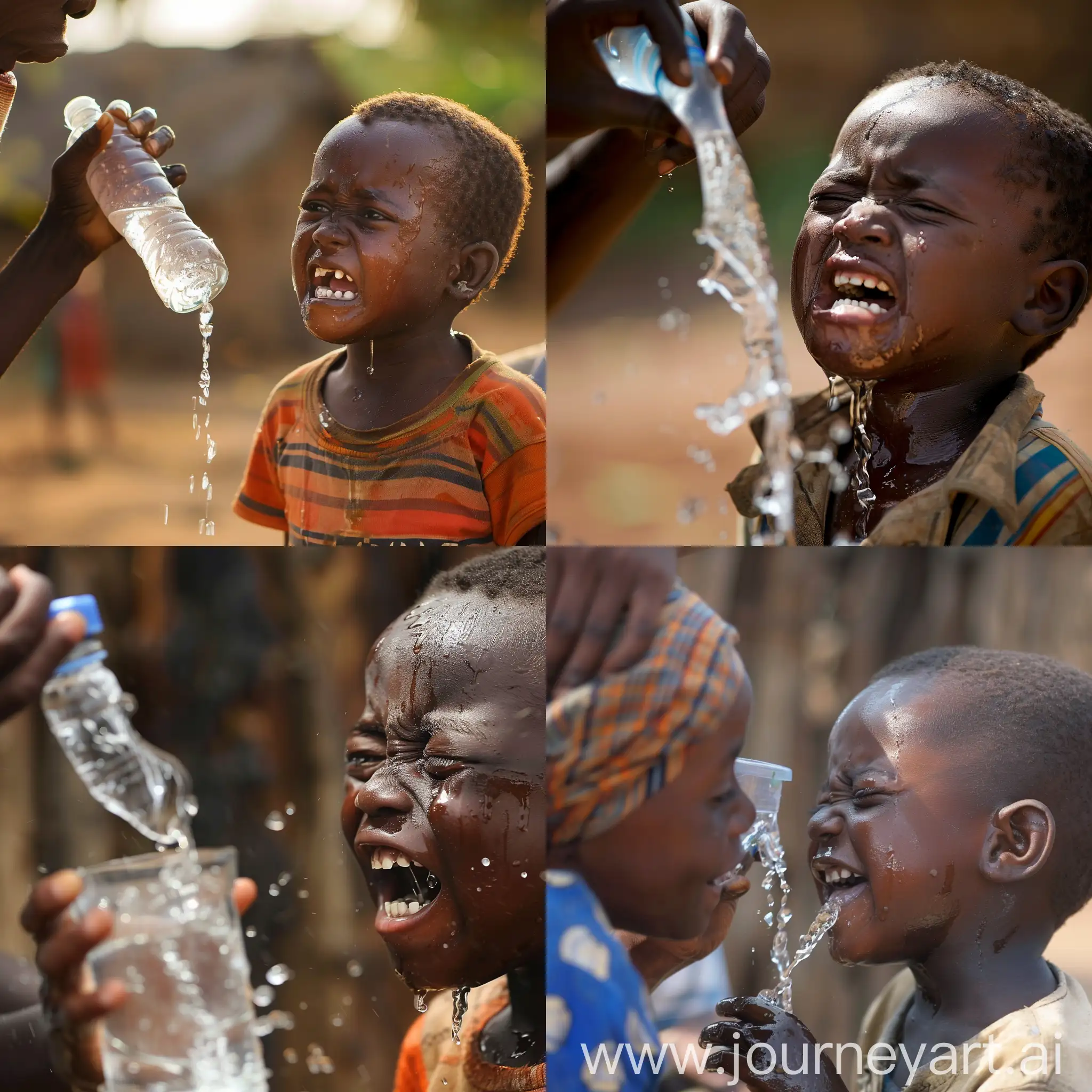 Африканский мальчик плачет и смотрит на то, как человек пьет воду и смеется с него