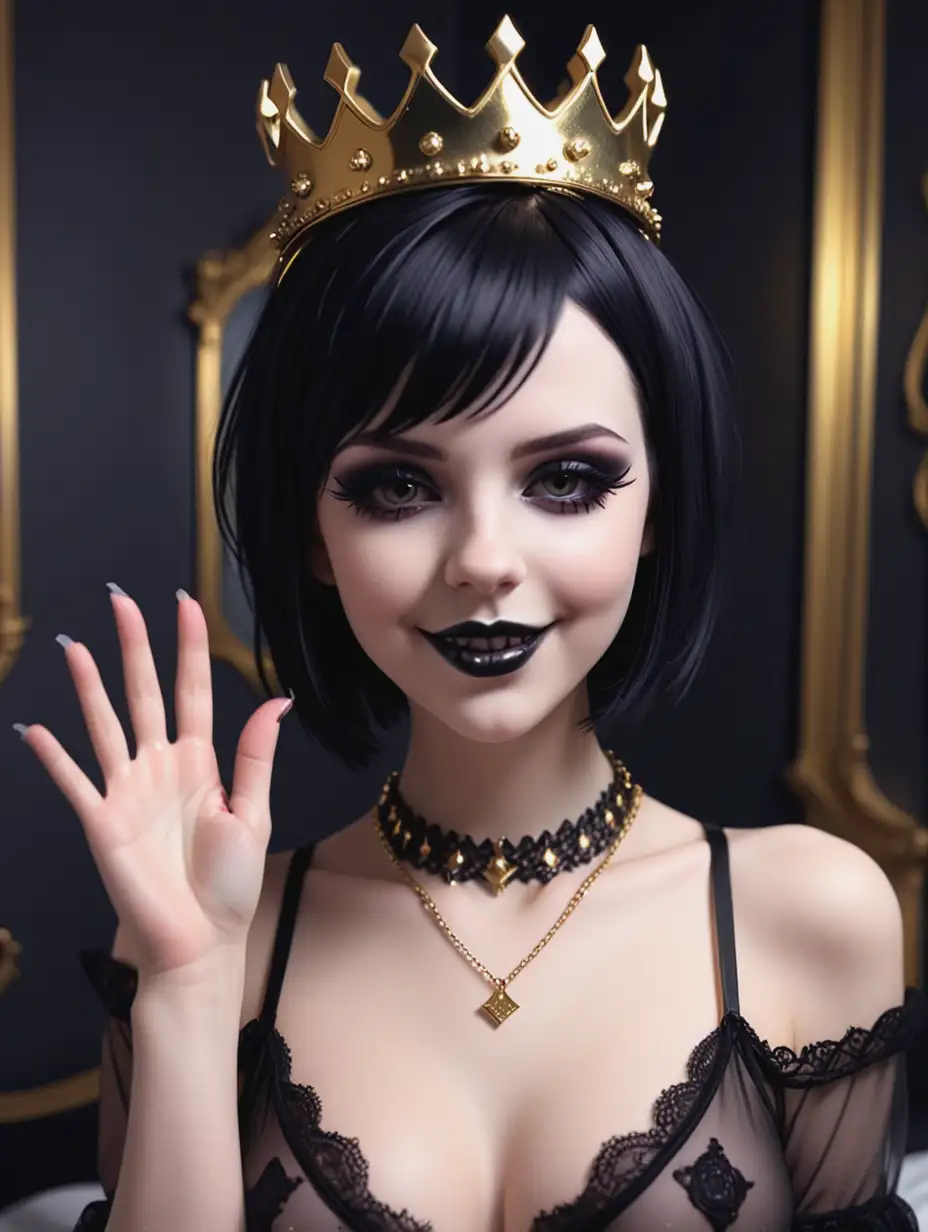 Goth girl, goth makeup, beautiful girls, beautiful scandalous transparent nightwear, sleepy look, beautiful women, beautiful lips, short hair, very high quality, 4K, white skin, fresh and sexy, in the goth room, She welcomes me, waving her hand, smiling with a sexy smile, a gold necklace, a precious crown, Shy