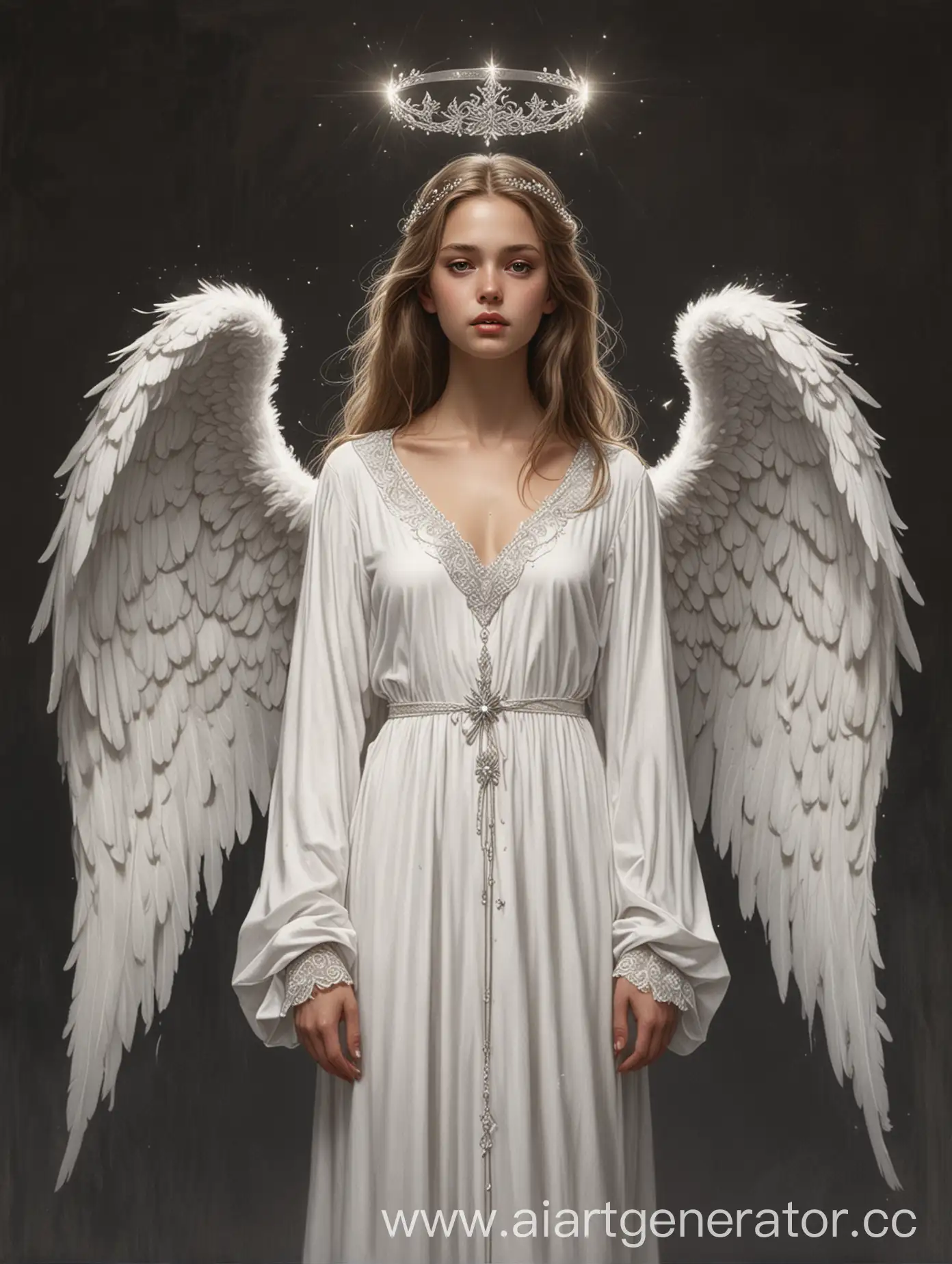 рисунок девушки в образе ангела. Одета в длинное белое платье-халат с длинным рукавом и v-образным вырезом. на голове ангельская корона в камнях, за спиной ангельские крылья во весь рост девушки