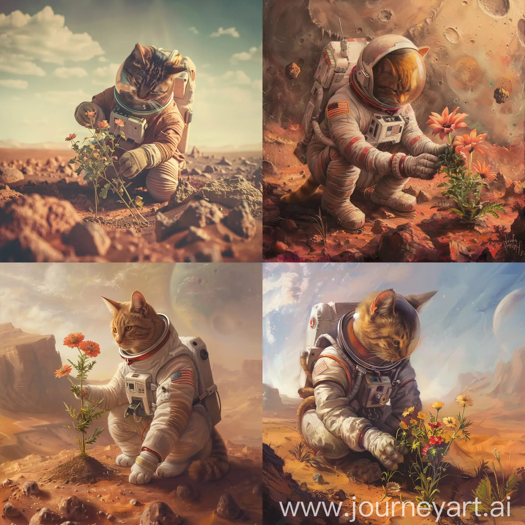 Кот астронавт выращивает цветы на Марсе