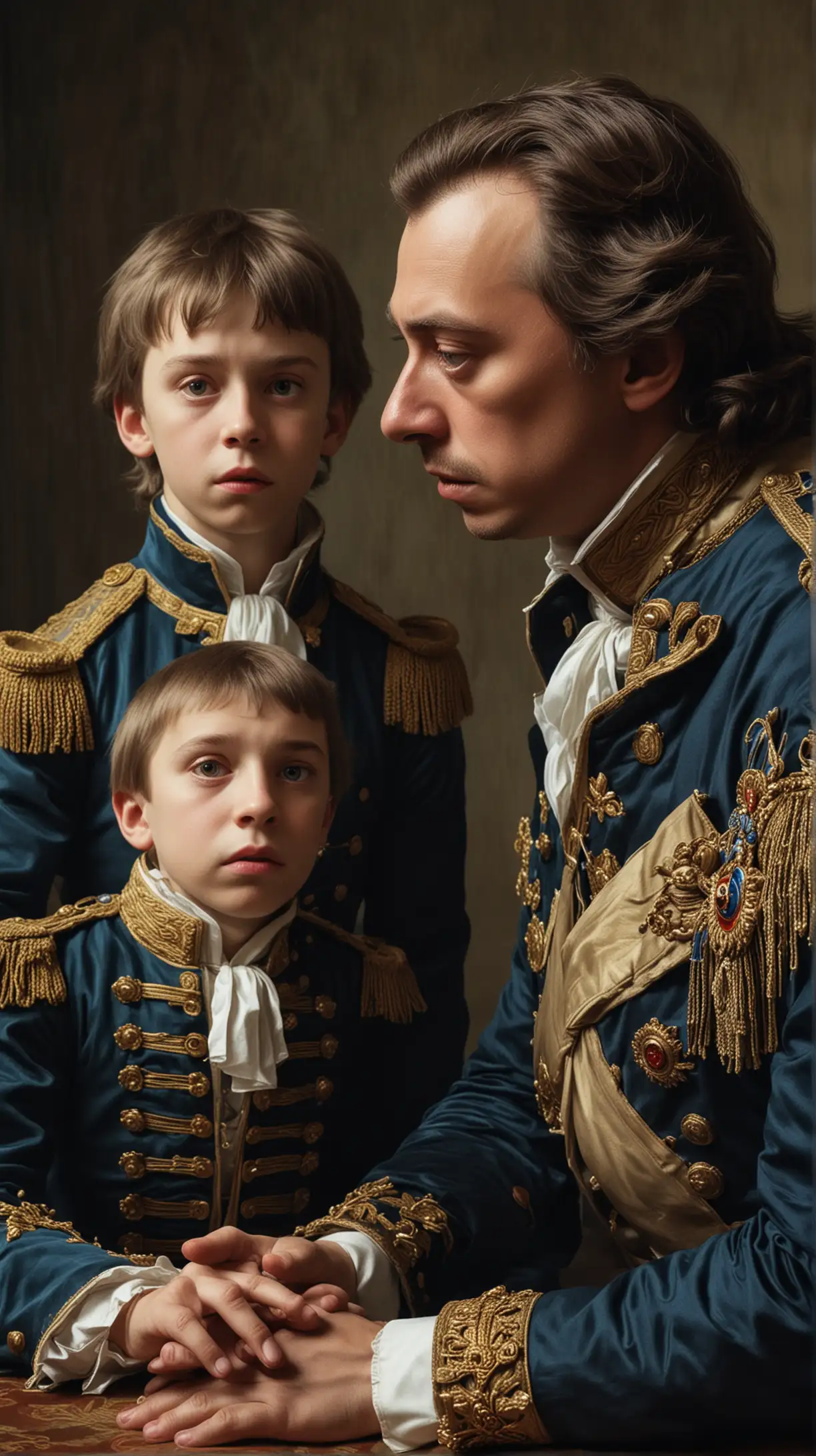  Illustrate a tense father-son moment between Peter the Great and his son Alexei, capturing their strained relationship and conflicting ideologies.