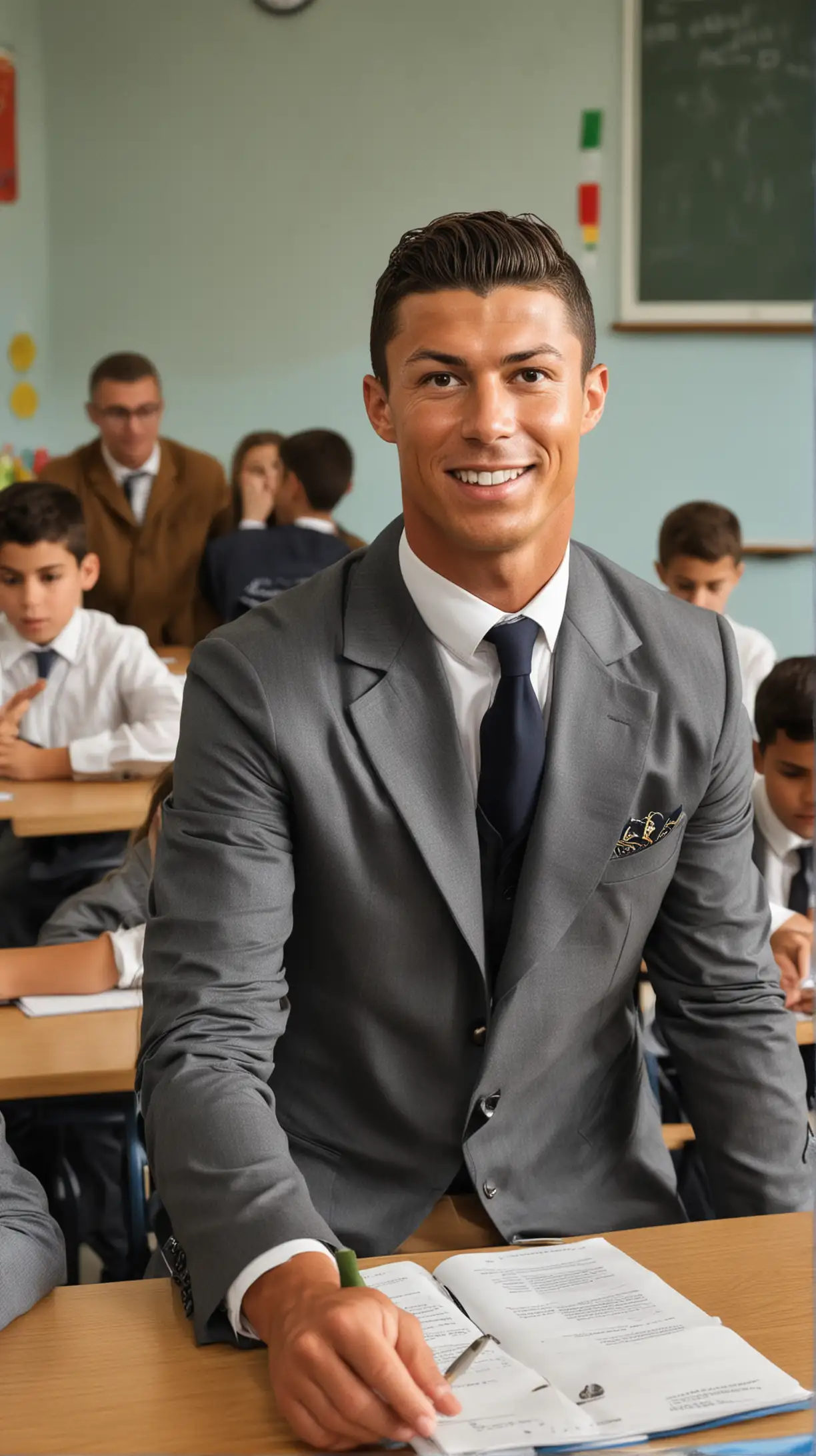 Cristiano Ronaldo as Headteacher with Kids in Classroom Setting