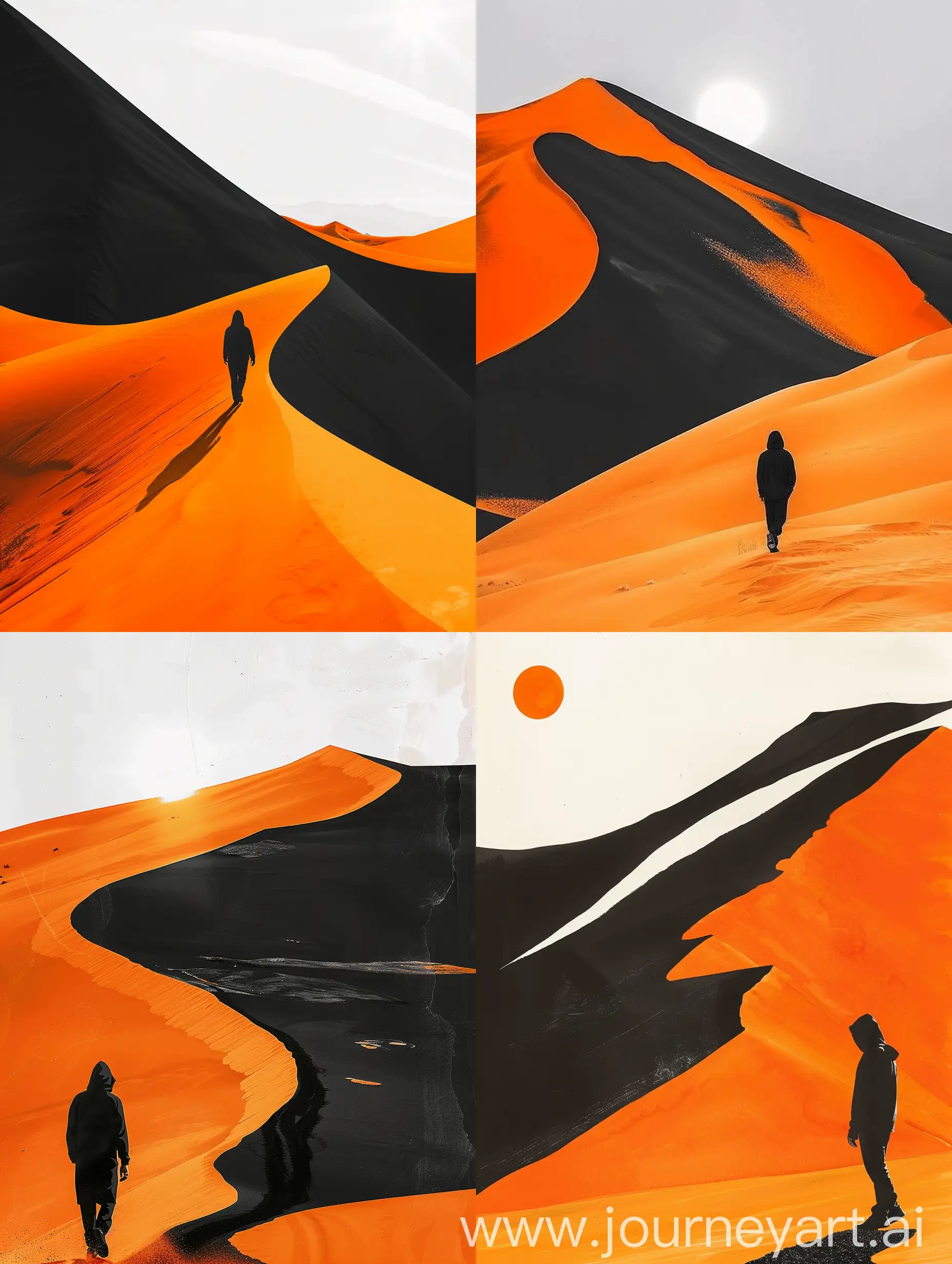 Someone in a black hoodie walking in the desert dunes in the distance, orange and black color is predominant, part of the dune is black and part is orange, part of the dune is shaded in black, the sun is shining white and yellow on the hill, theme is predominant in orange and black