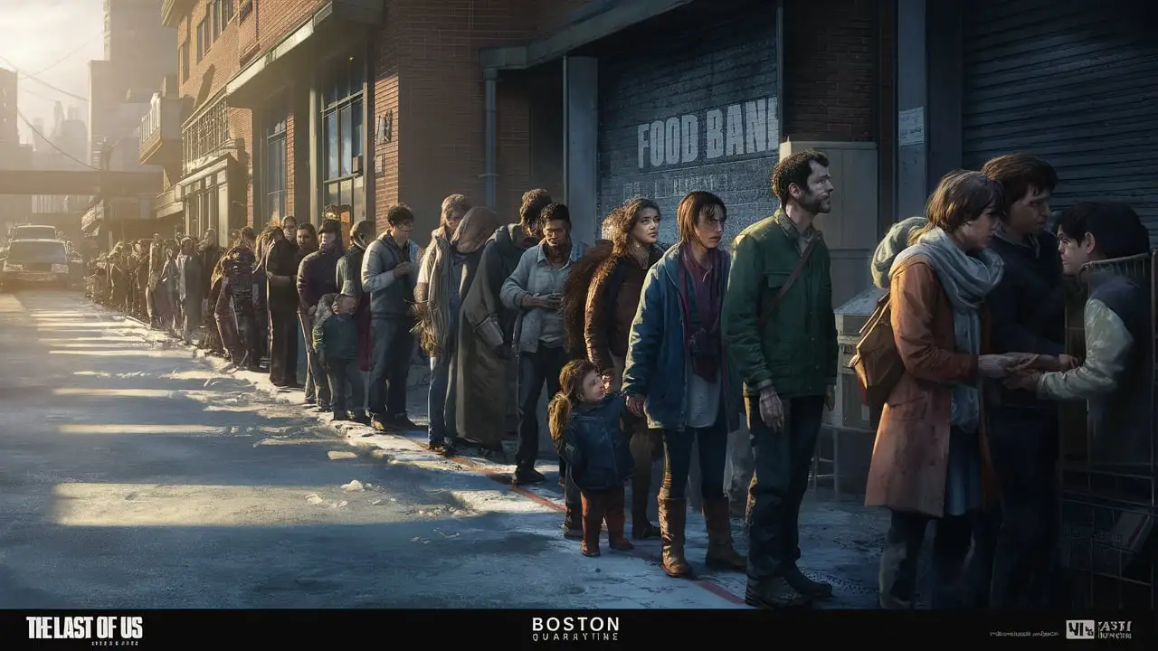 Queue at Boston Food Bank during Daytime in Last of Us Setting