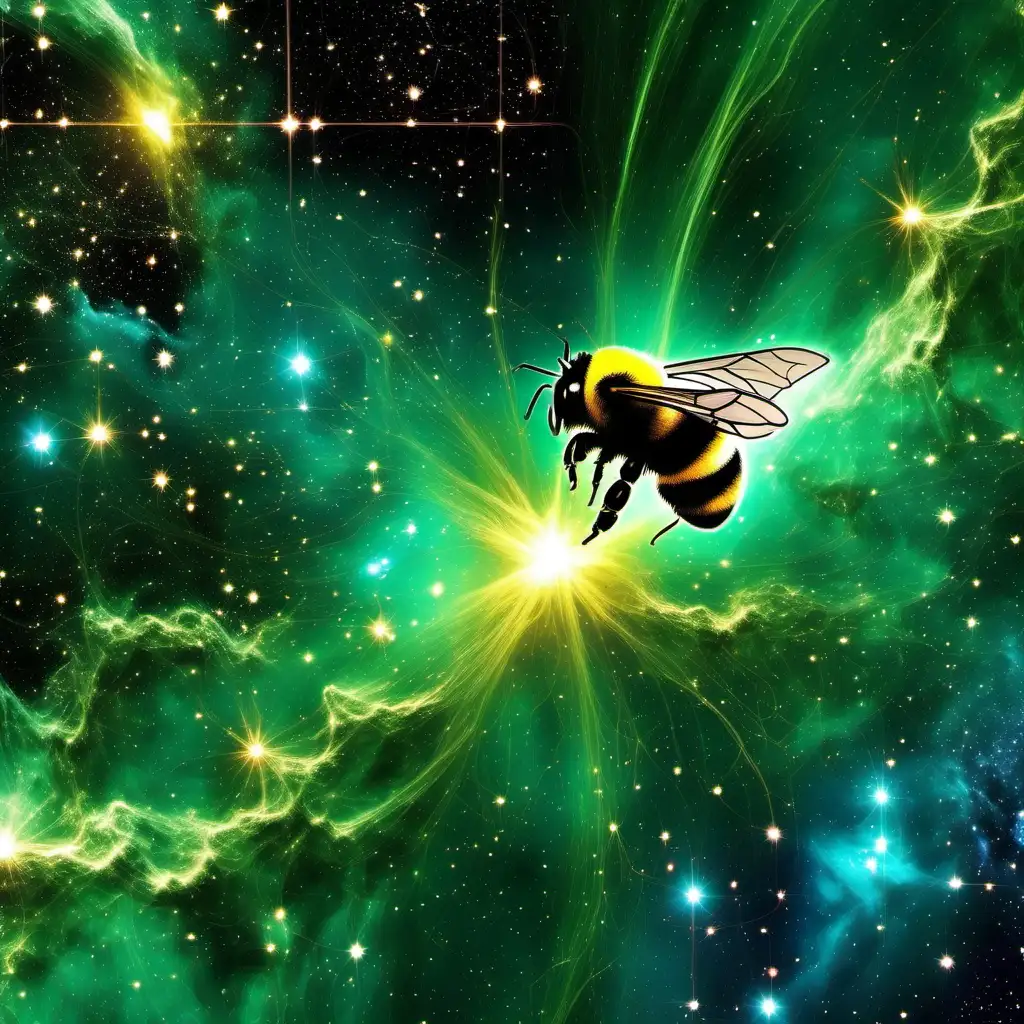  In the heart of a nebula, the bumblebee discovers an ancient infrared loom that weaves the fabric of space itself, threading stars into the cosmos with galactic green filaments of light, dictating the destiny of galaxies