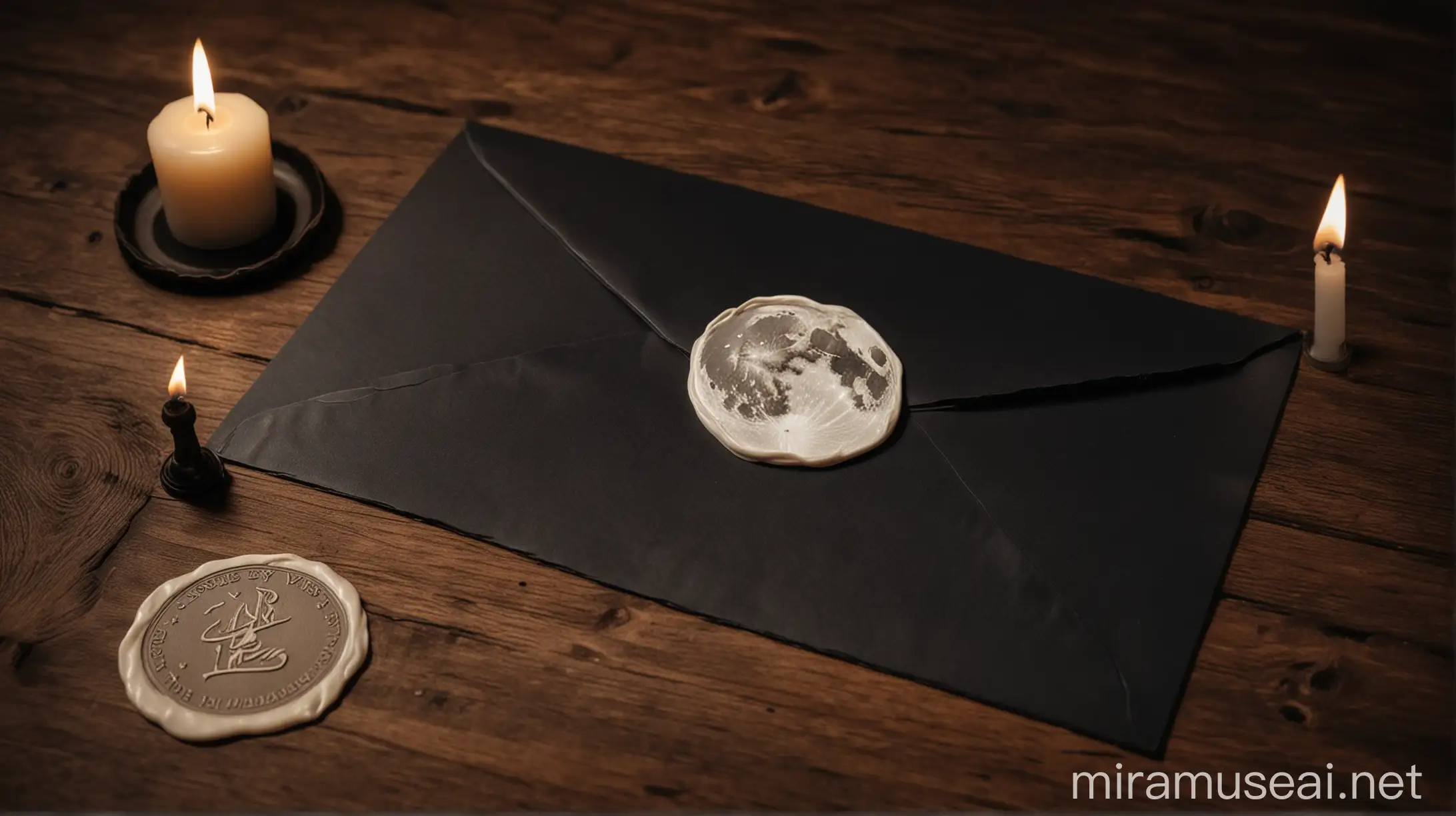 A closed black paper letter with a white full moon-shaped wax seal resting flat on a wooden table during a dark night with candle light
