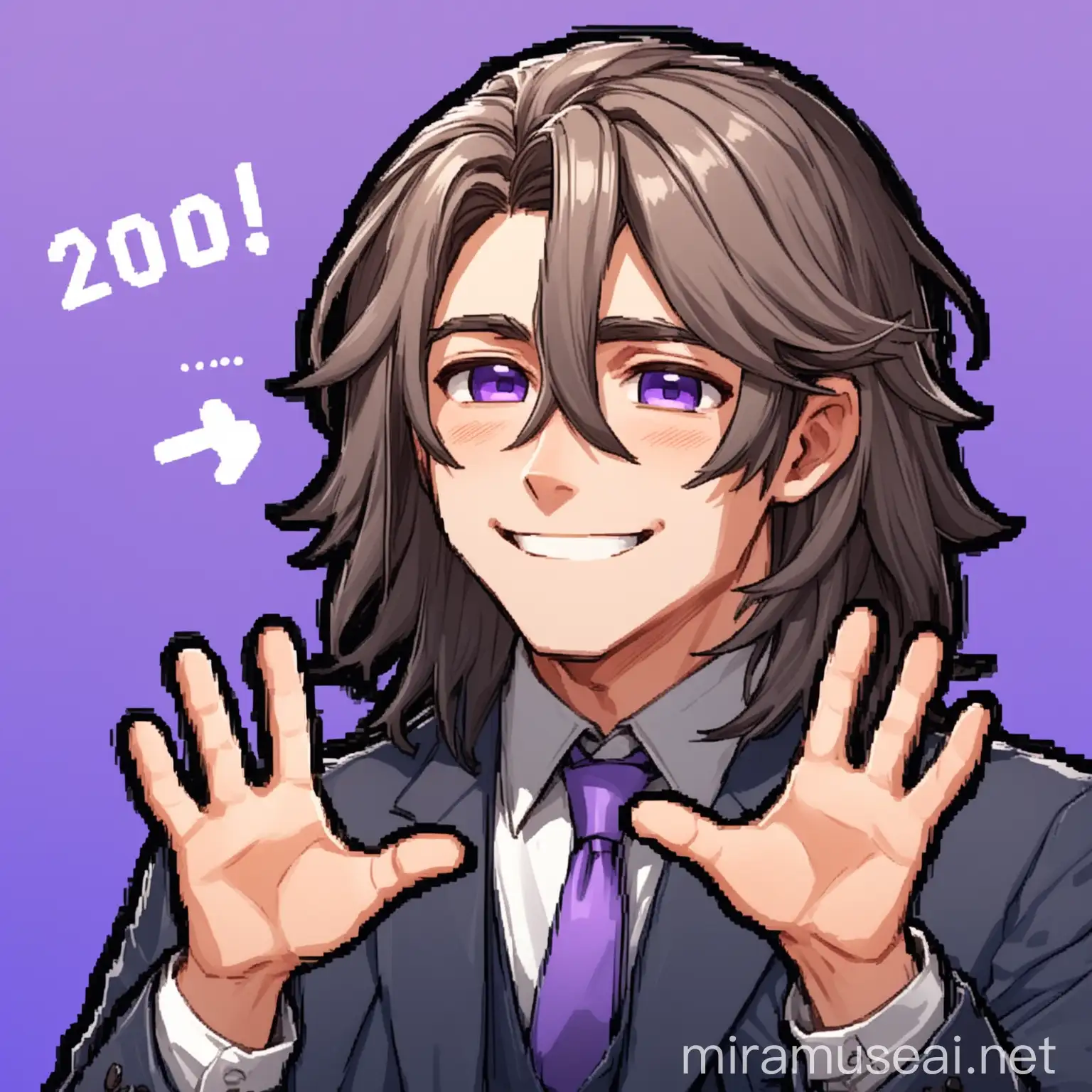 emote for a twitch greeting a man in his 20s with shoulder-length hair