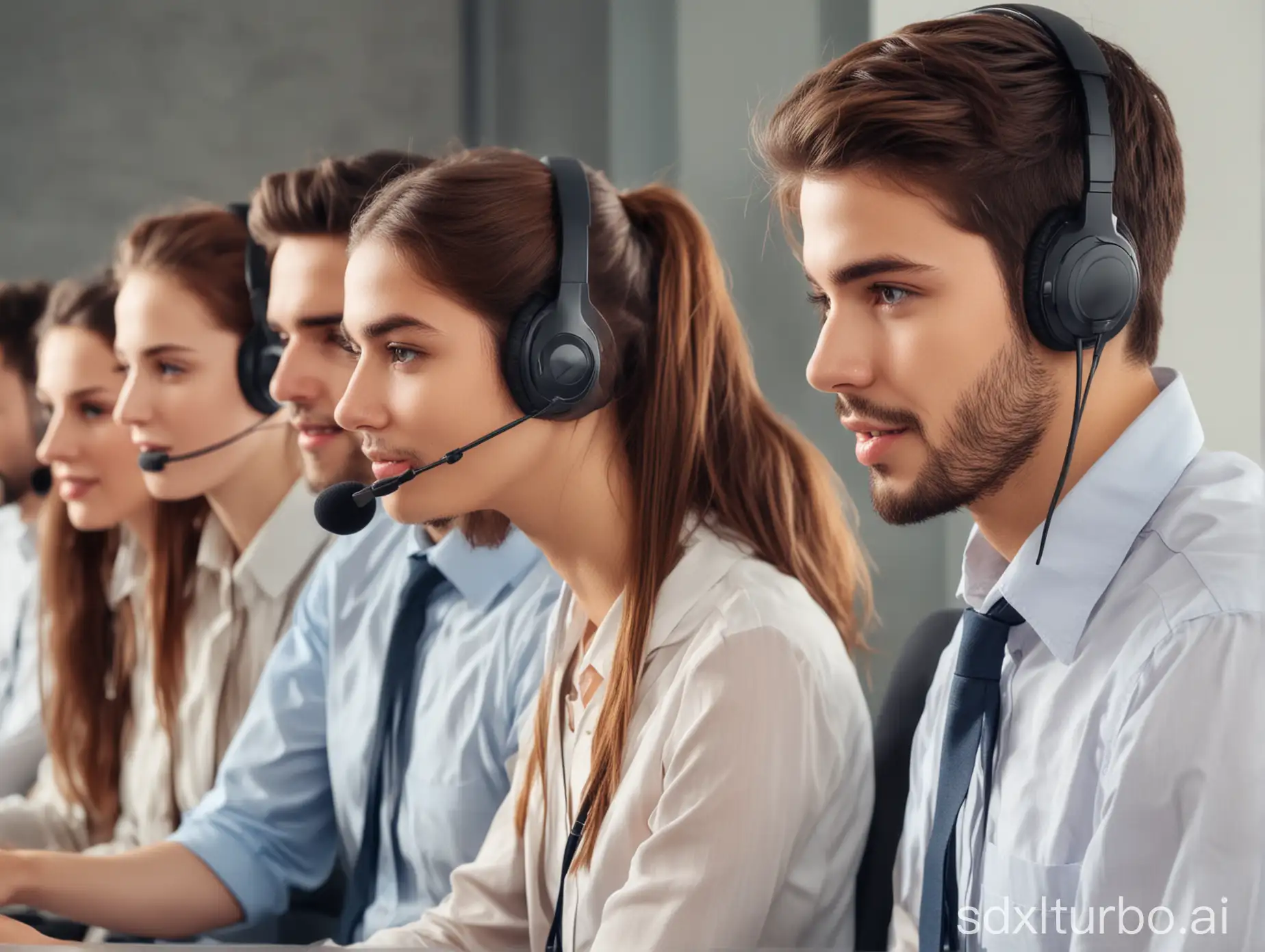 call center with young female and male representatives talking on headphones