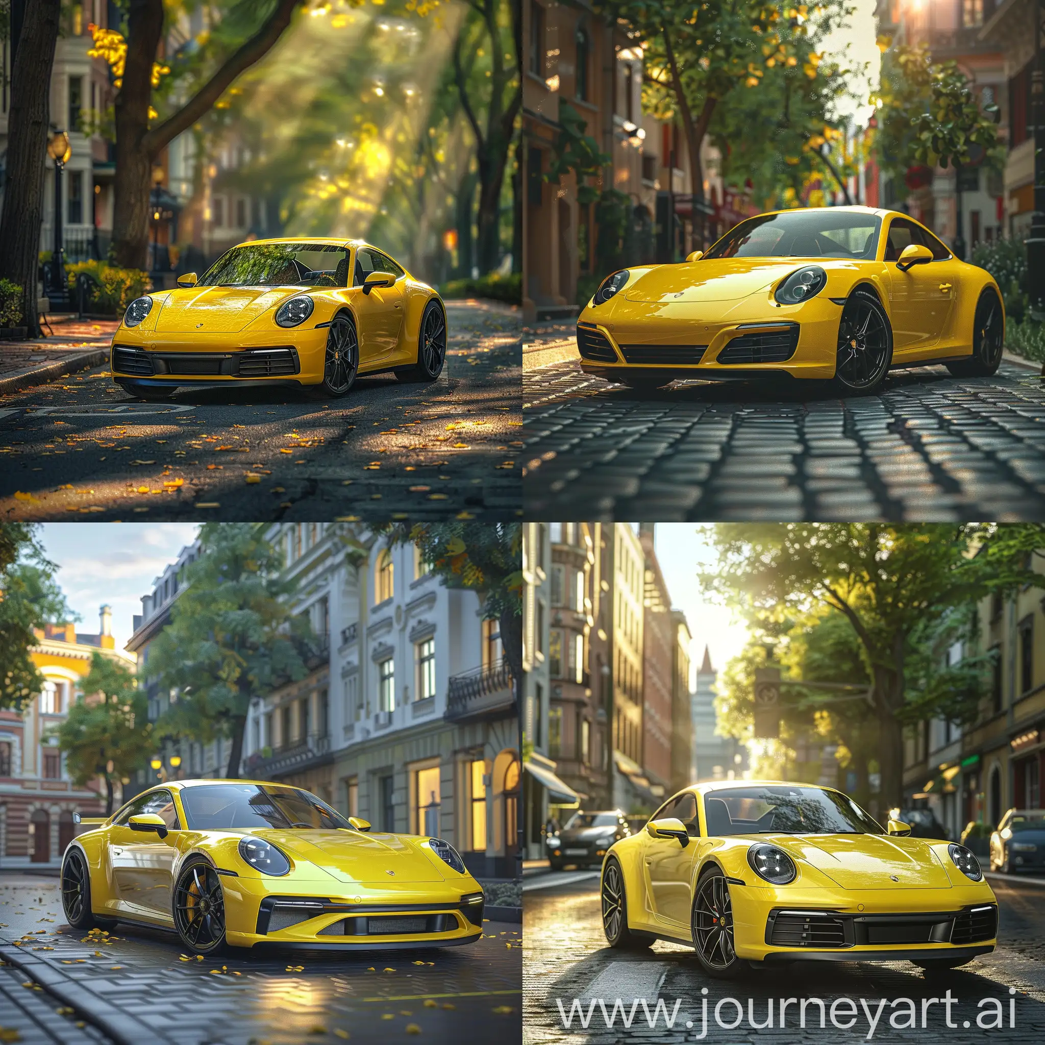 Yellow-Porsche-911-Parked-Near-Urban-Elite-Homes-at-Sunrise