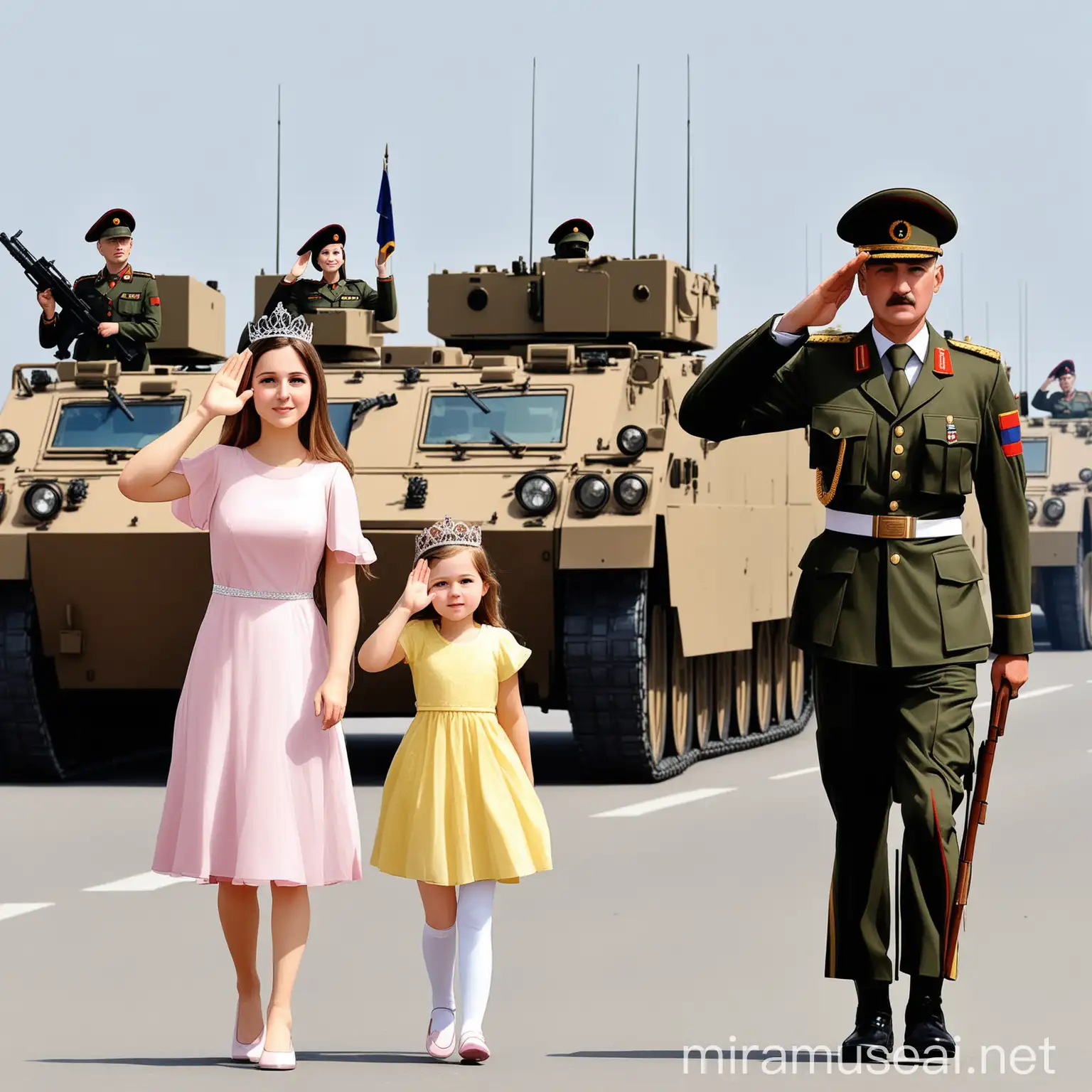 A 30-year-old princess and her daughter are walking this way.
The soldiers in front of the military vehicles salute them.