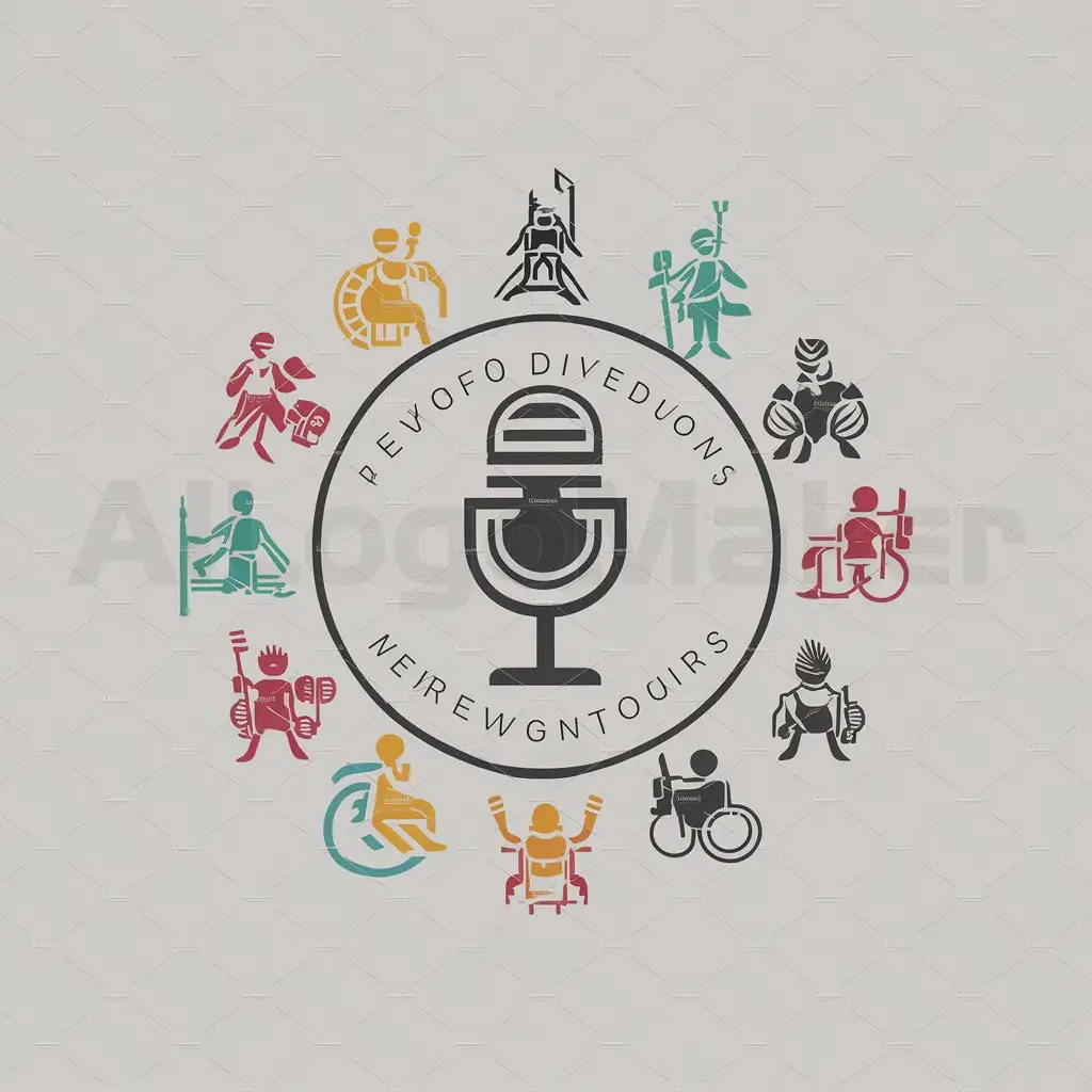a logo design,with the text "podcast", main symbol:Diverse Warrior Icons, Design Elements: Create a circular logo with different warrior icons representing various disabilities around the perimeter, with a central microphone. Colors: Use a mix of bright and neutral colors to emphasize diversity and inclusivity. Details: Each icon can be unique yet stylistically similar to maintain cohesion.,Minimalistic,clear background