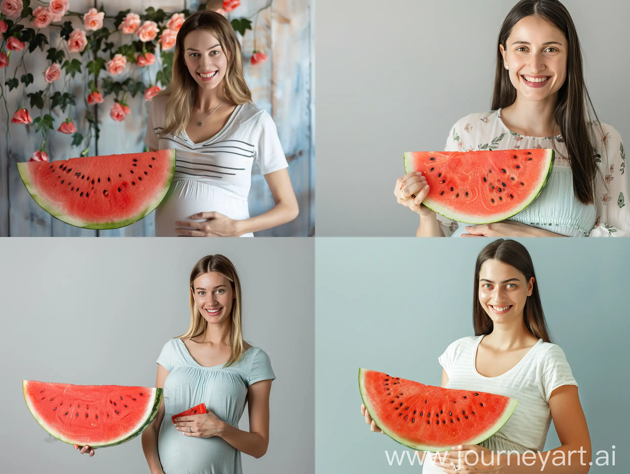 Advertising photo of a pregnant woman holding a slice of watermelon