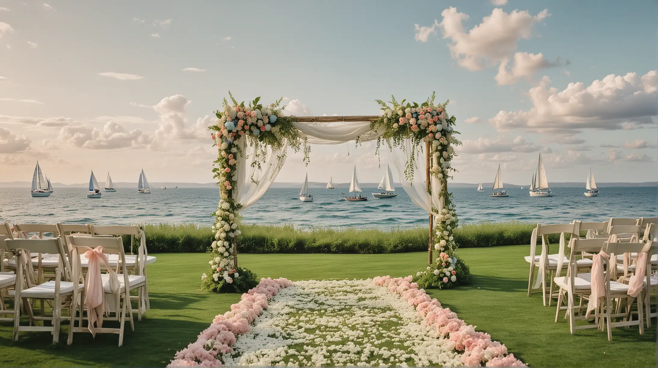 make a hydrangea chuppah on green grass, in front of an ocean with sailboats, and a pastel sky, watercolor style